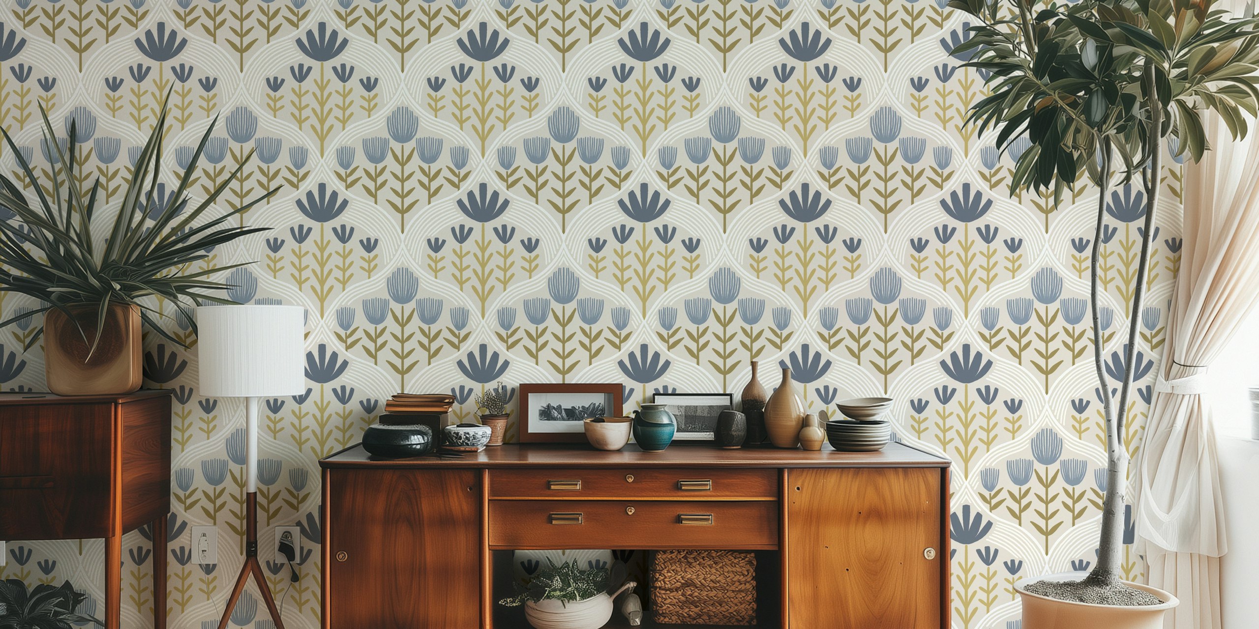 Floral pattern with blue and green elements on a grey background wallpaper