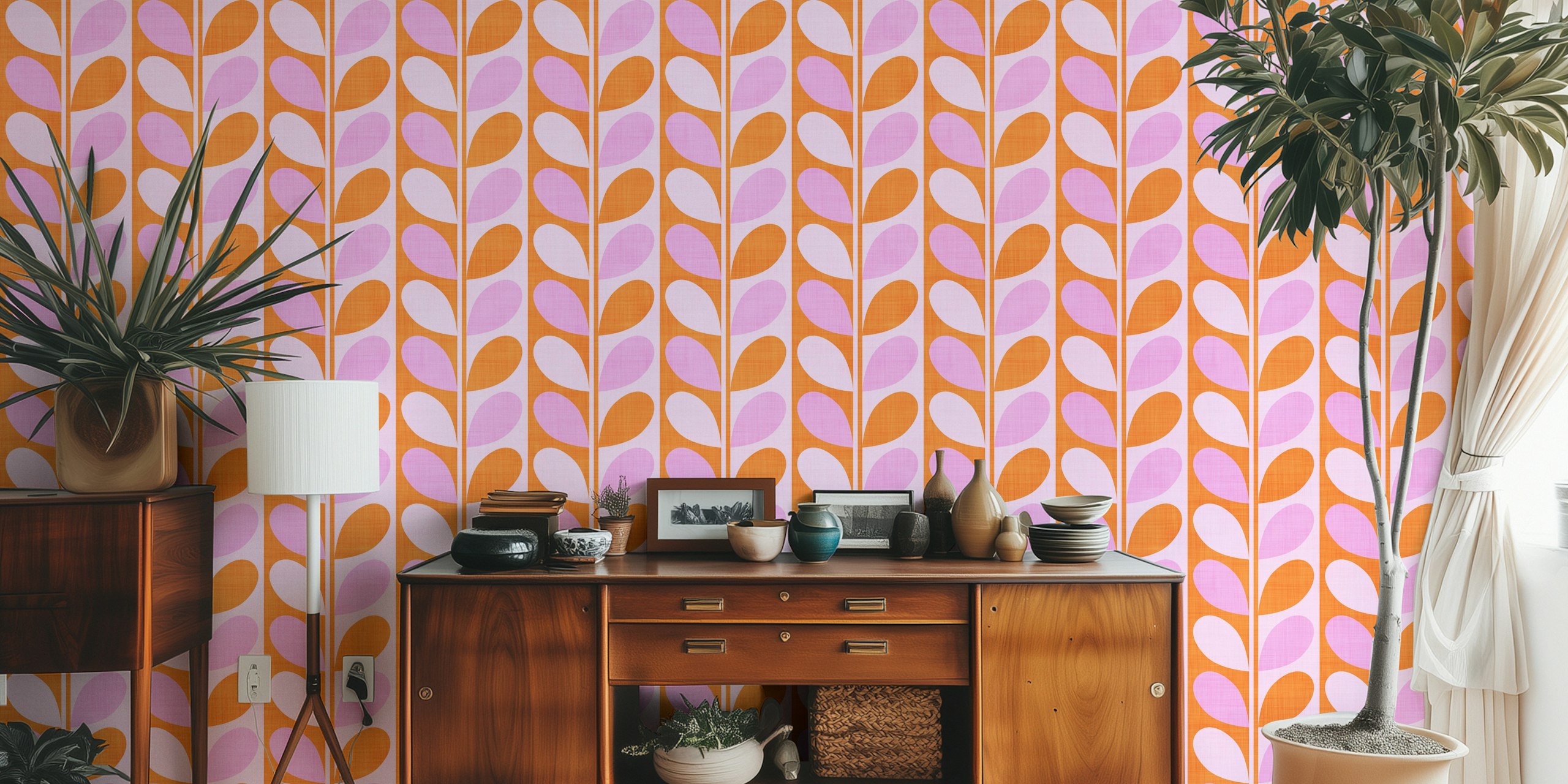 Midcentury Modern Leaves Orange and Pink in een kamer