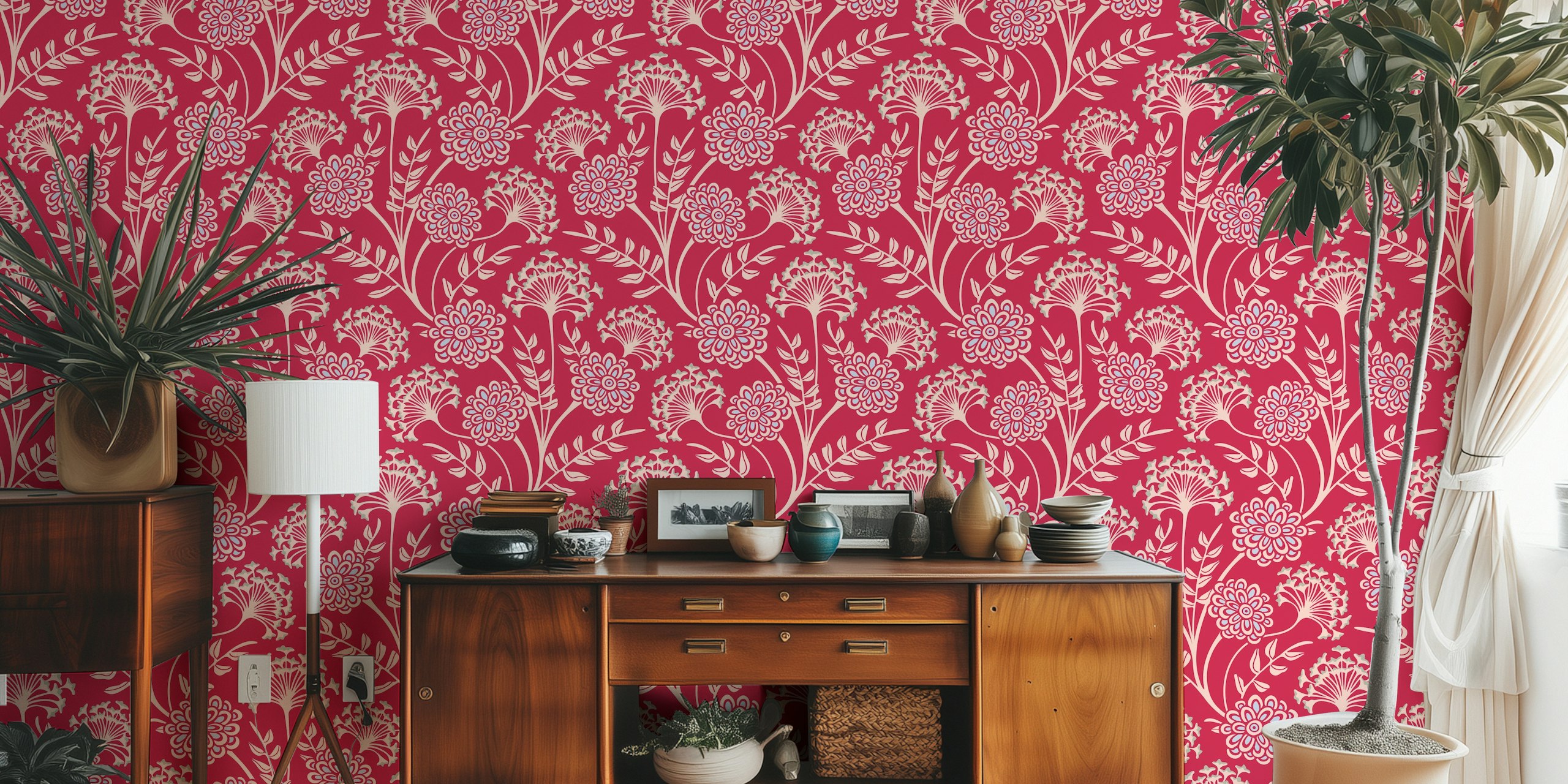 Danube Cottage Floral wallpaper in magenta red