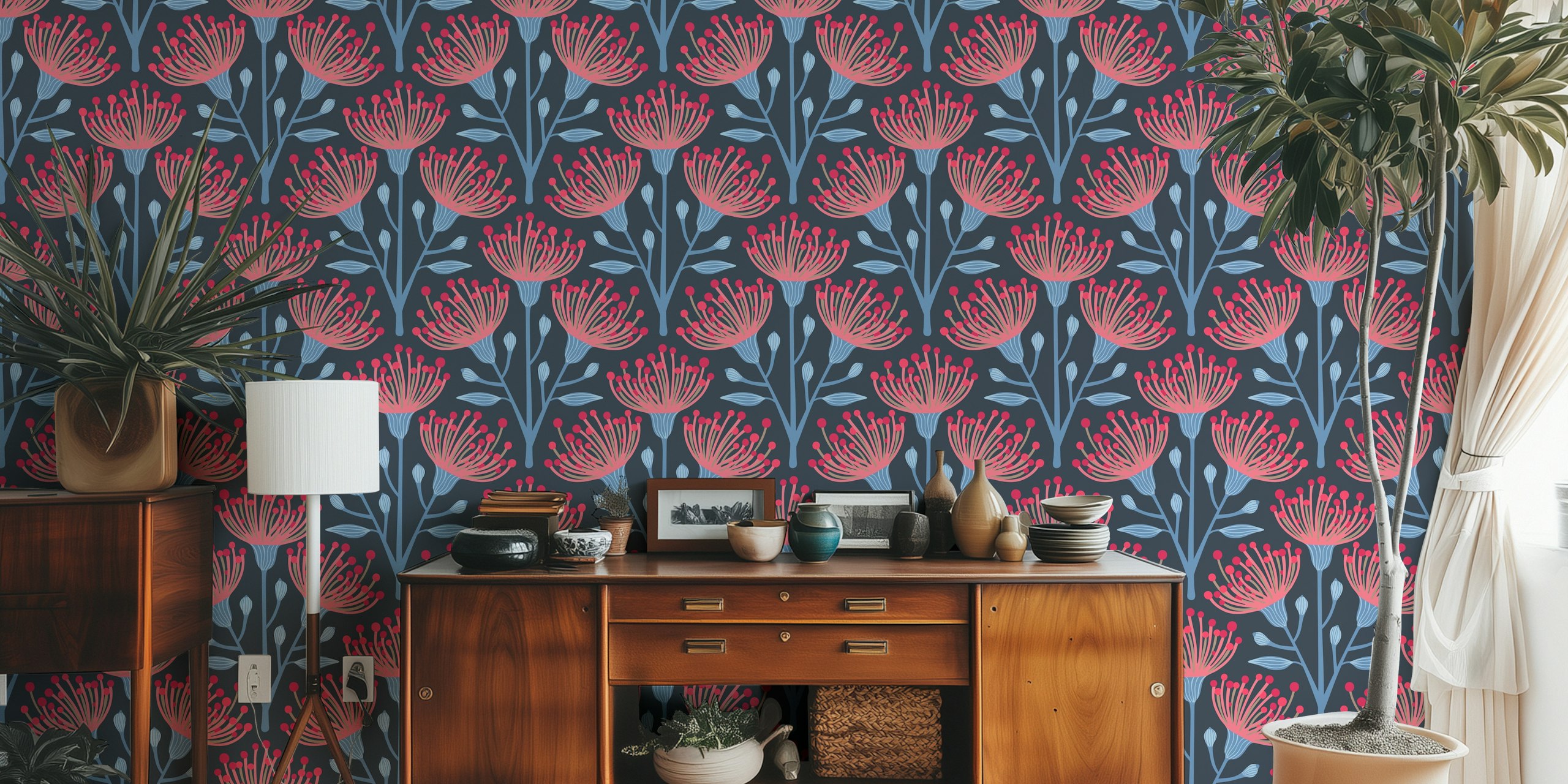 Pink floral eucalyptus pattern on navy blue wallpaper