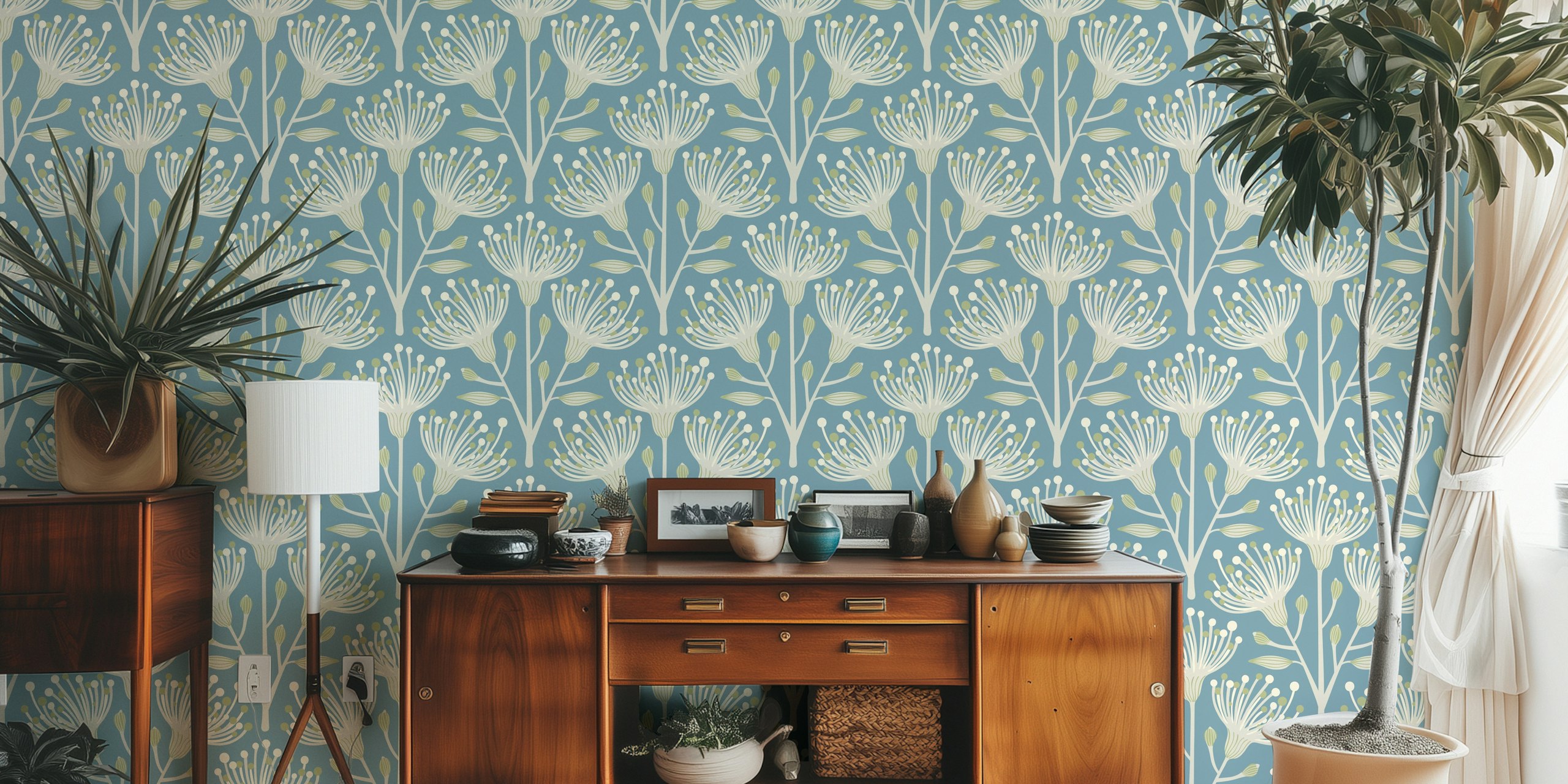 Eucalyptus papel de parede floral em um quarto azul claro