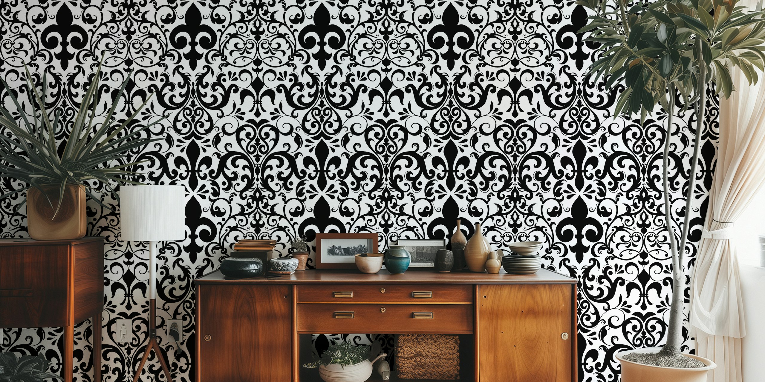 Fleur de Lis Damask papel de parede preto e branco no quarto