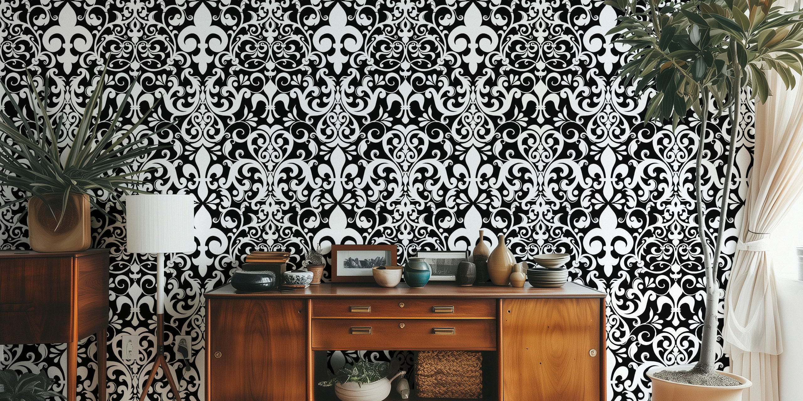 Fleur de lis damask pattern in black and white wallpaper