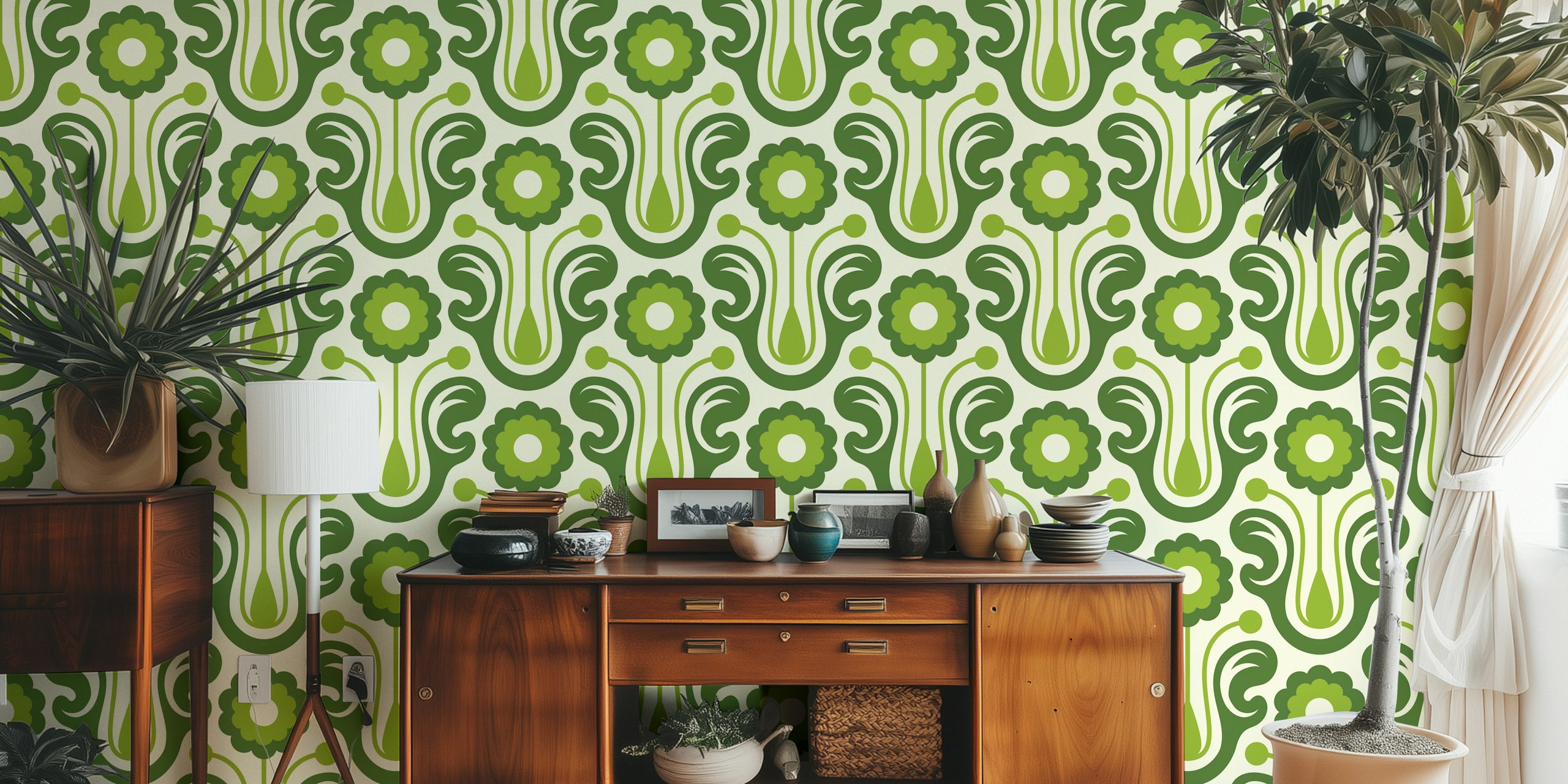 Vintage daisies monochrome green wallpaper in a room