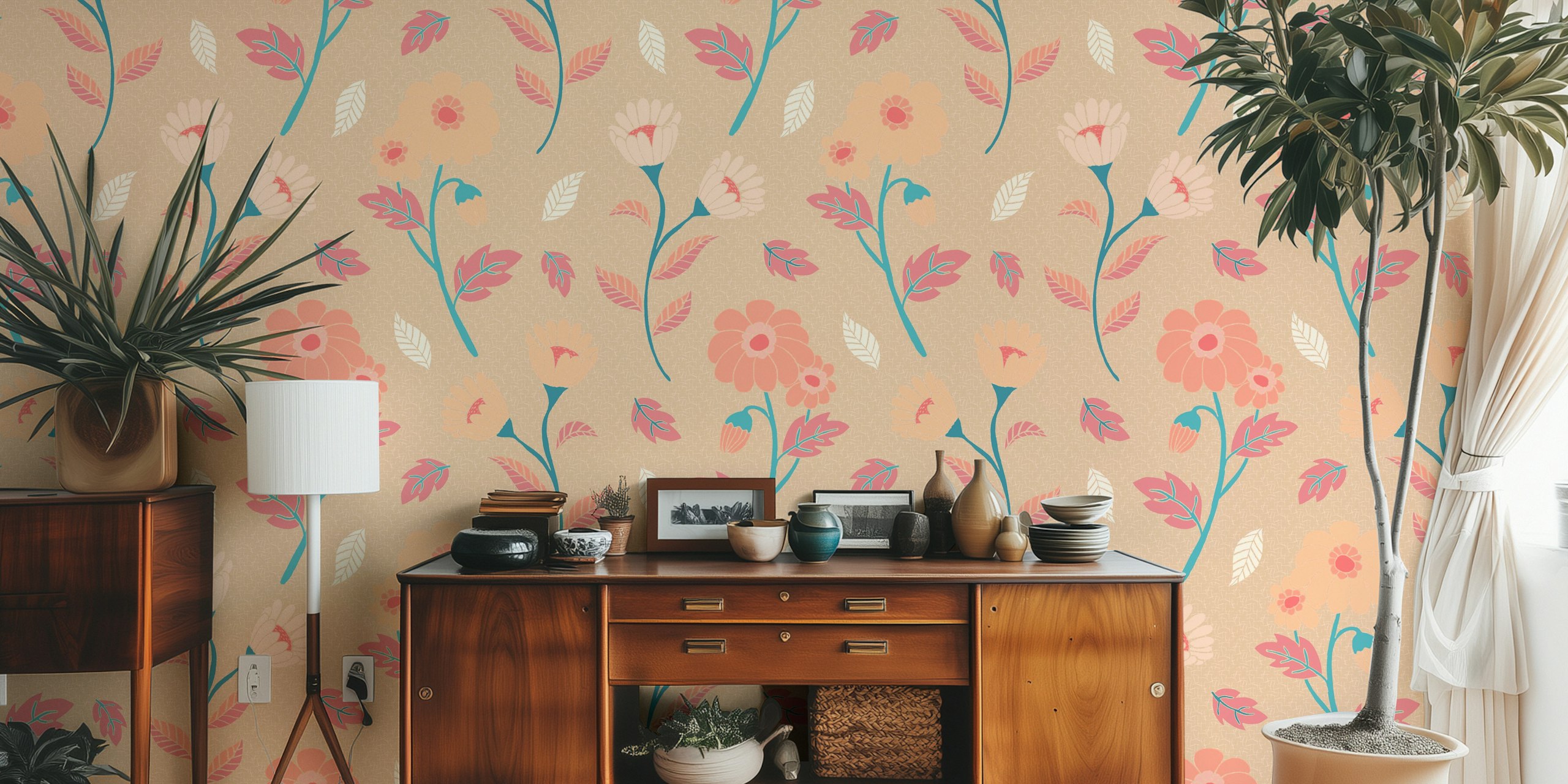 Peach Retro Flowers wallpaper design in a room