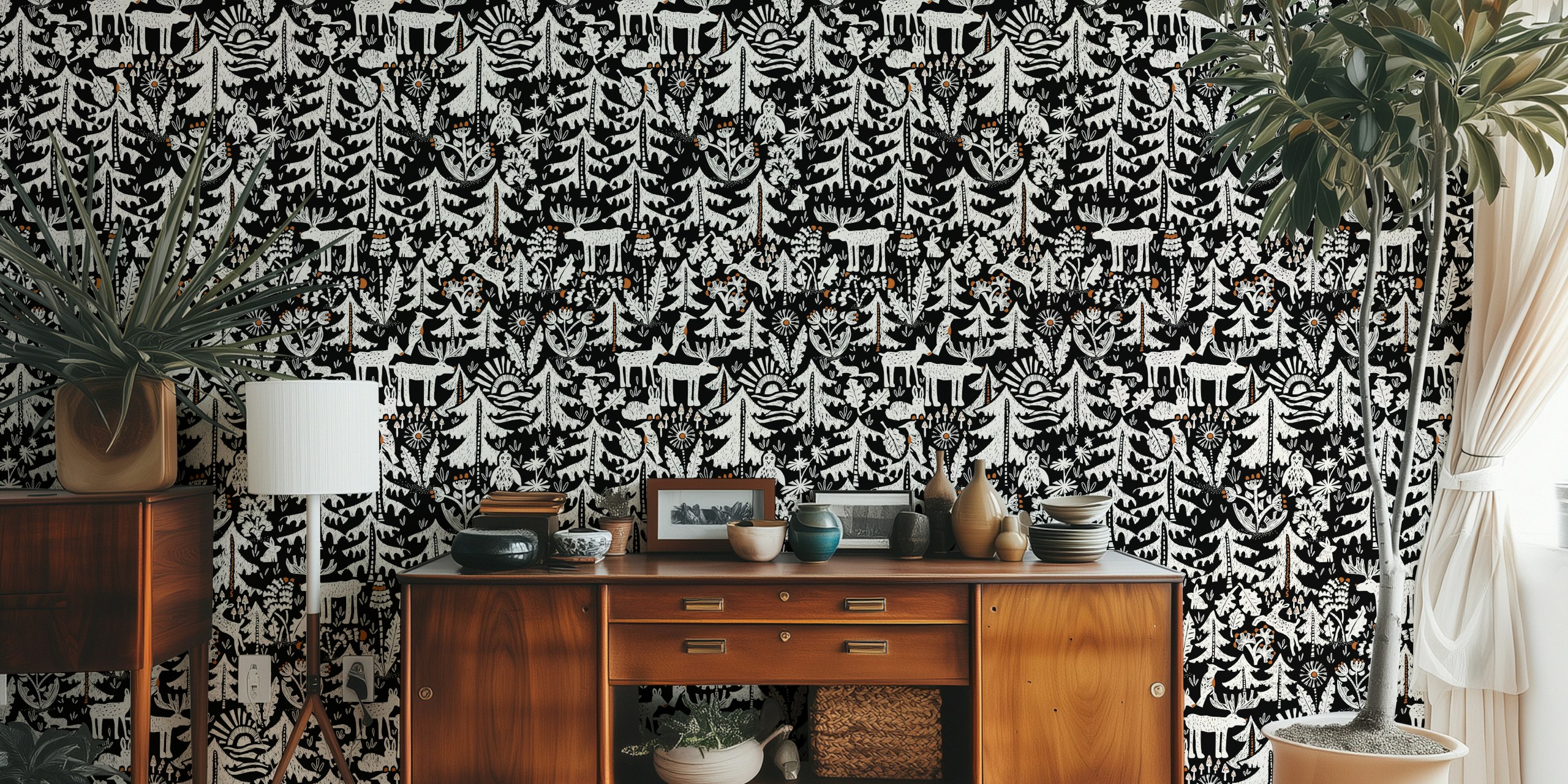 Black Forest black and white wall mural with stylized trees and wildlife