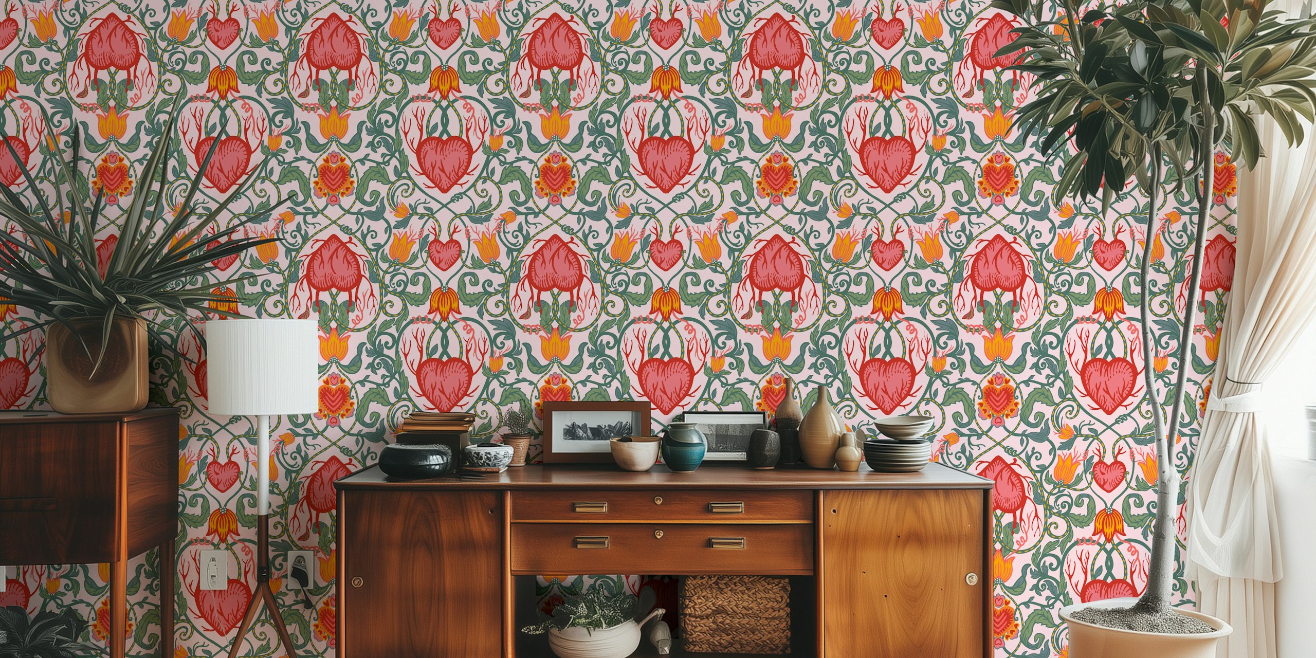 Victorian-style wall mural with valentines hearts and floral patterns