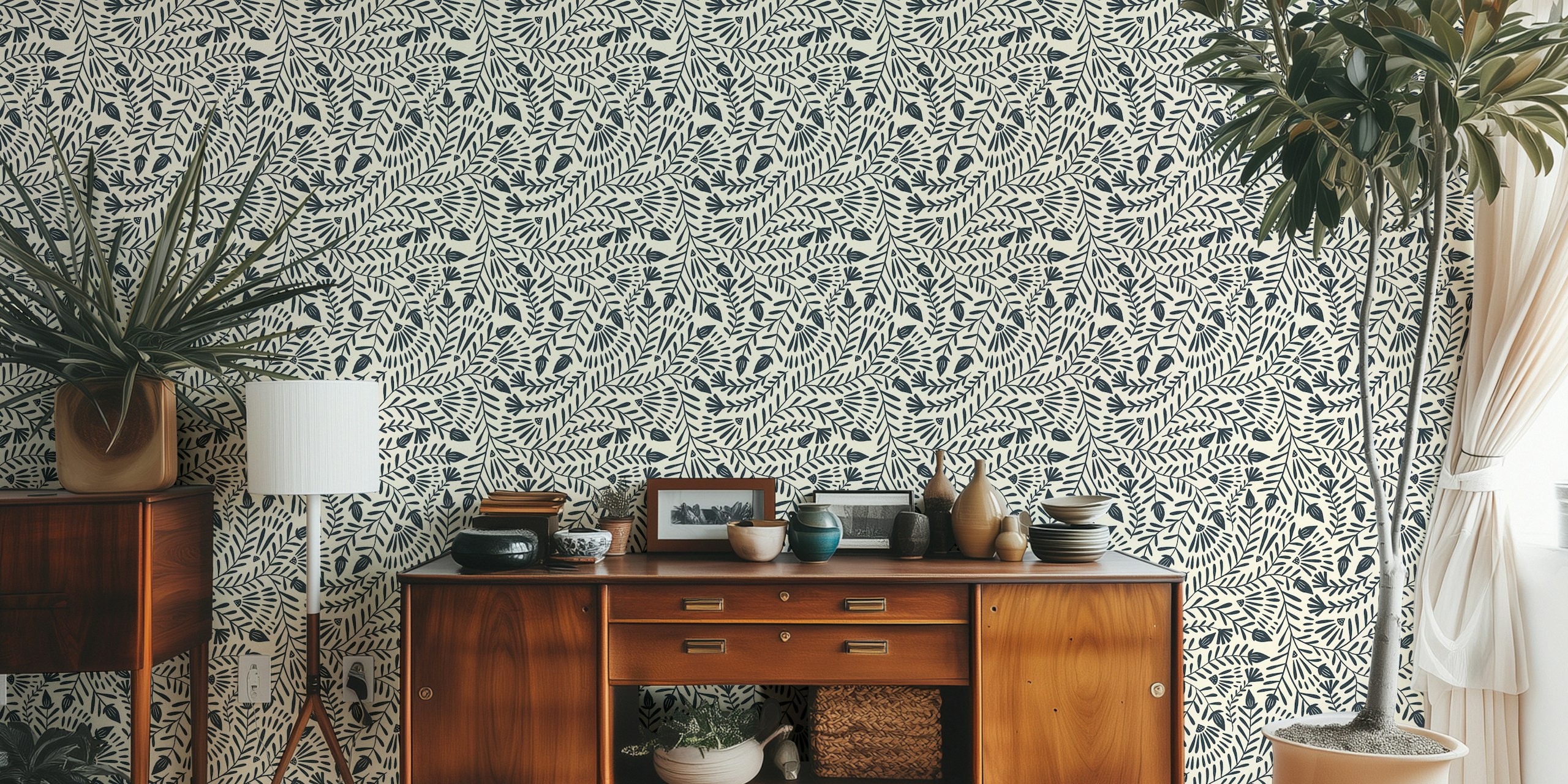 Monochrome floral pattern in dark blue on light beige wallpaper