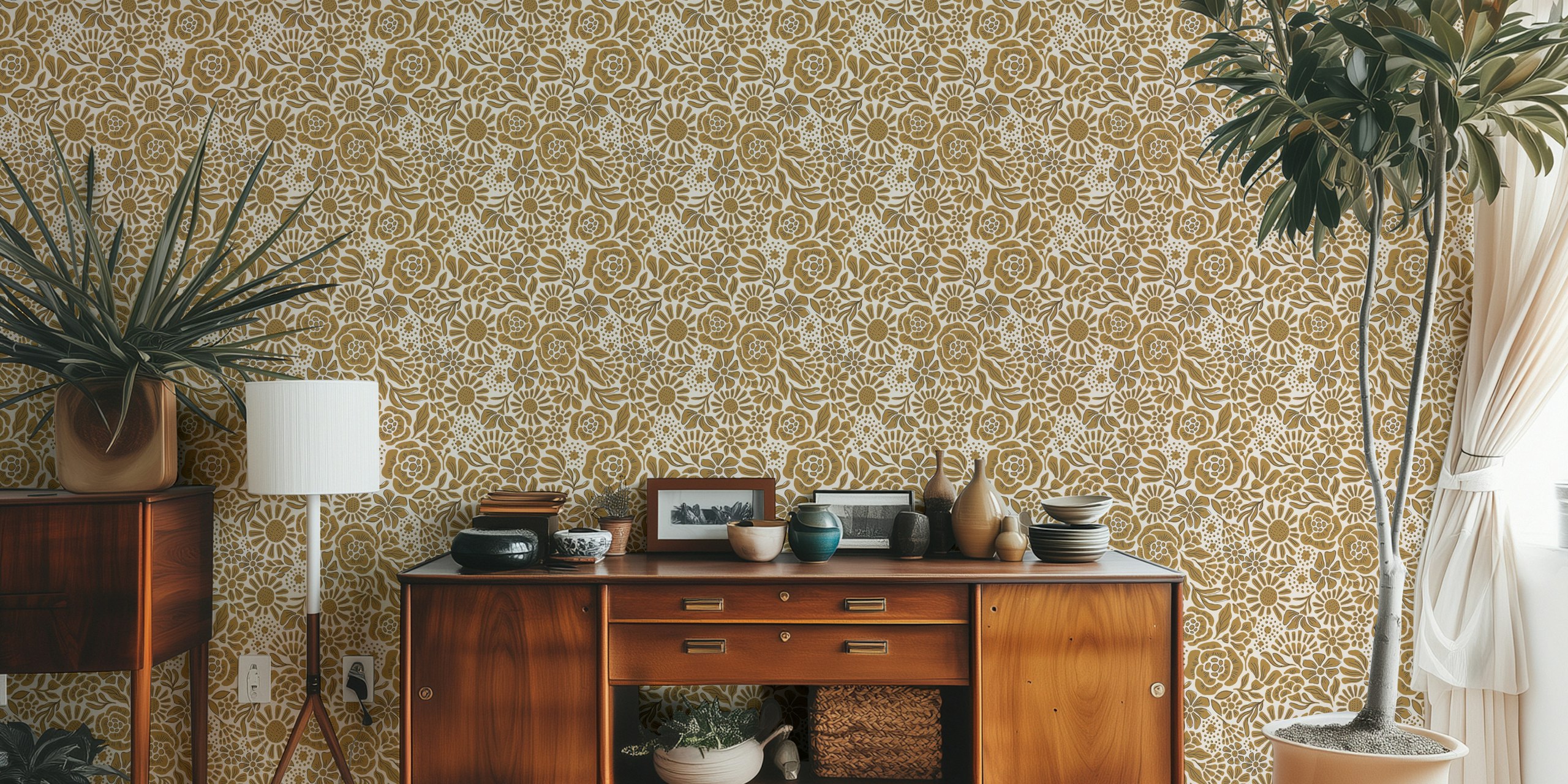 Gold floral pattern wallpaper with various flowers and leaves on a light background