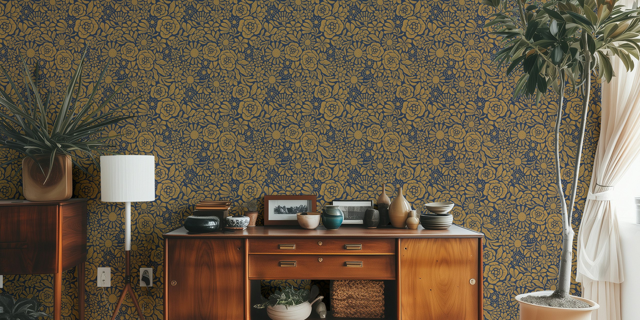 Marineblaues und goldenes Wandbild mit Blumenmuster namens Rita