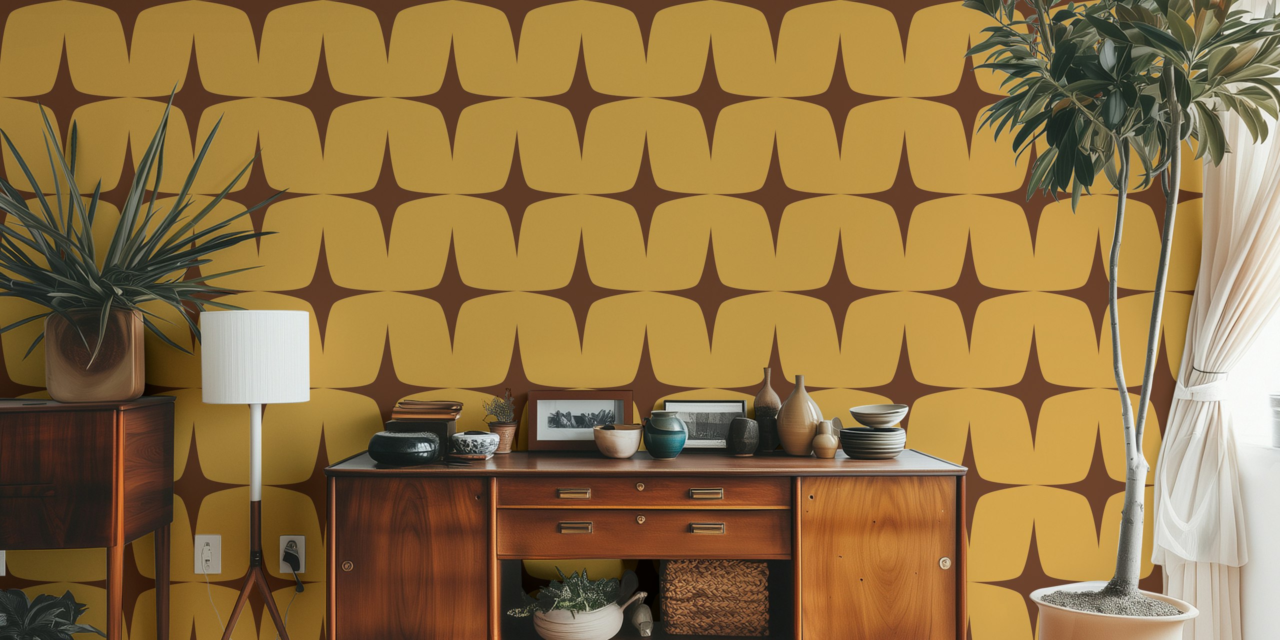 Geometric starburst pattern in yellow and brown wallpaper