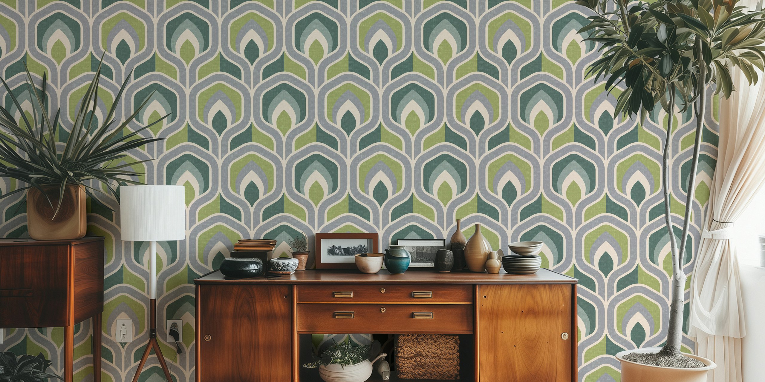 Geometric green and cream pattern wallpaper