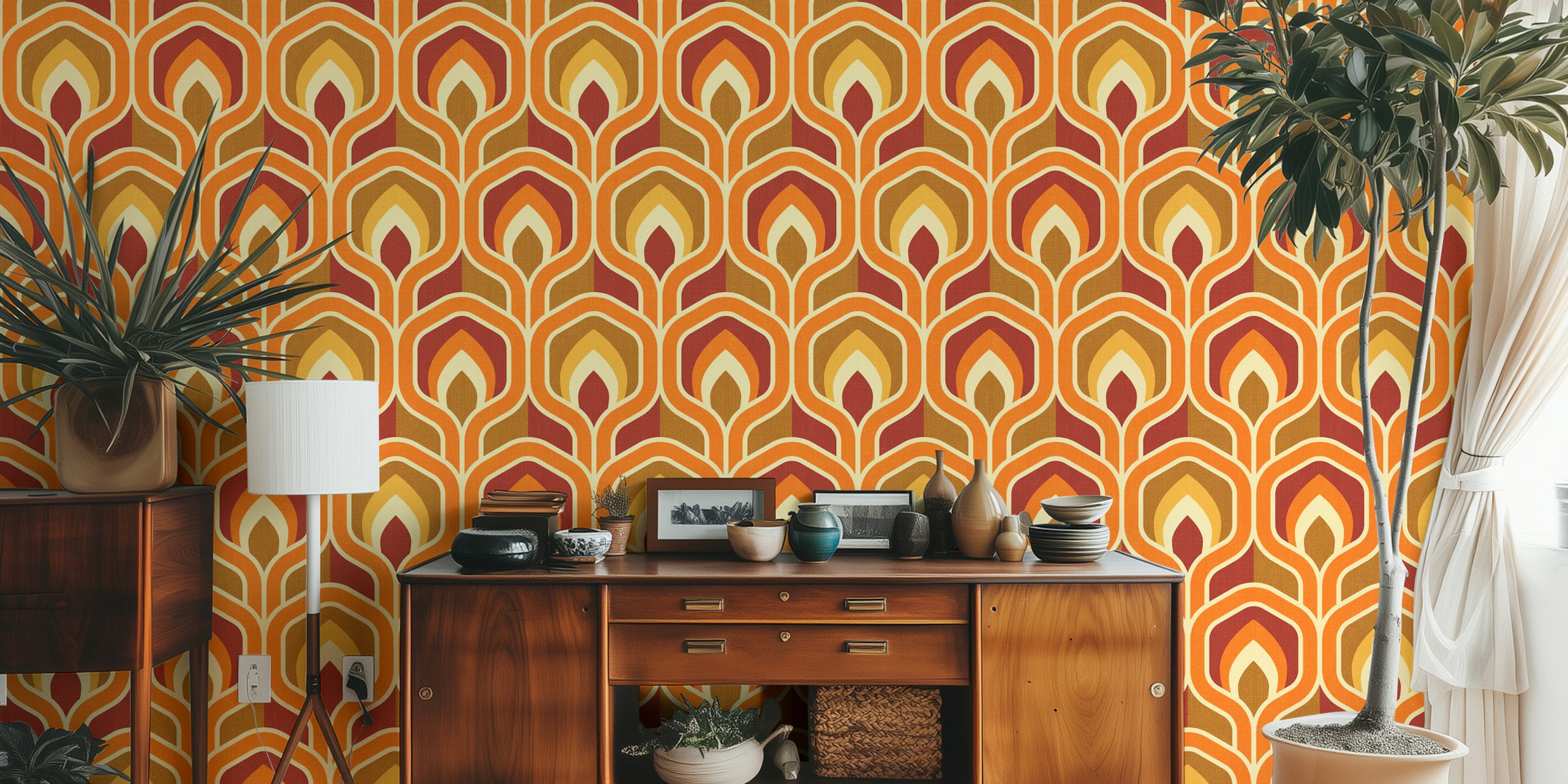 Motifs rétro orange, jaune et marron sur un papier peint mural