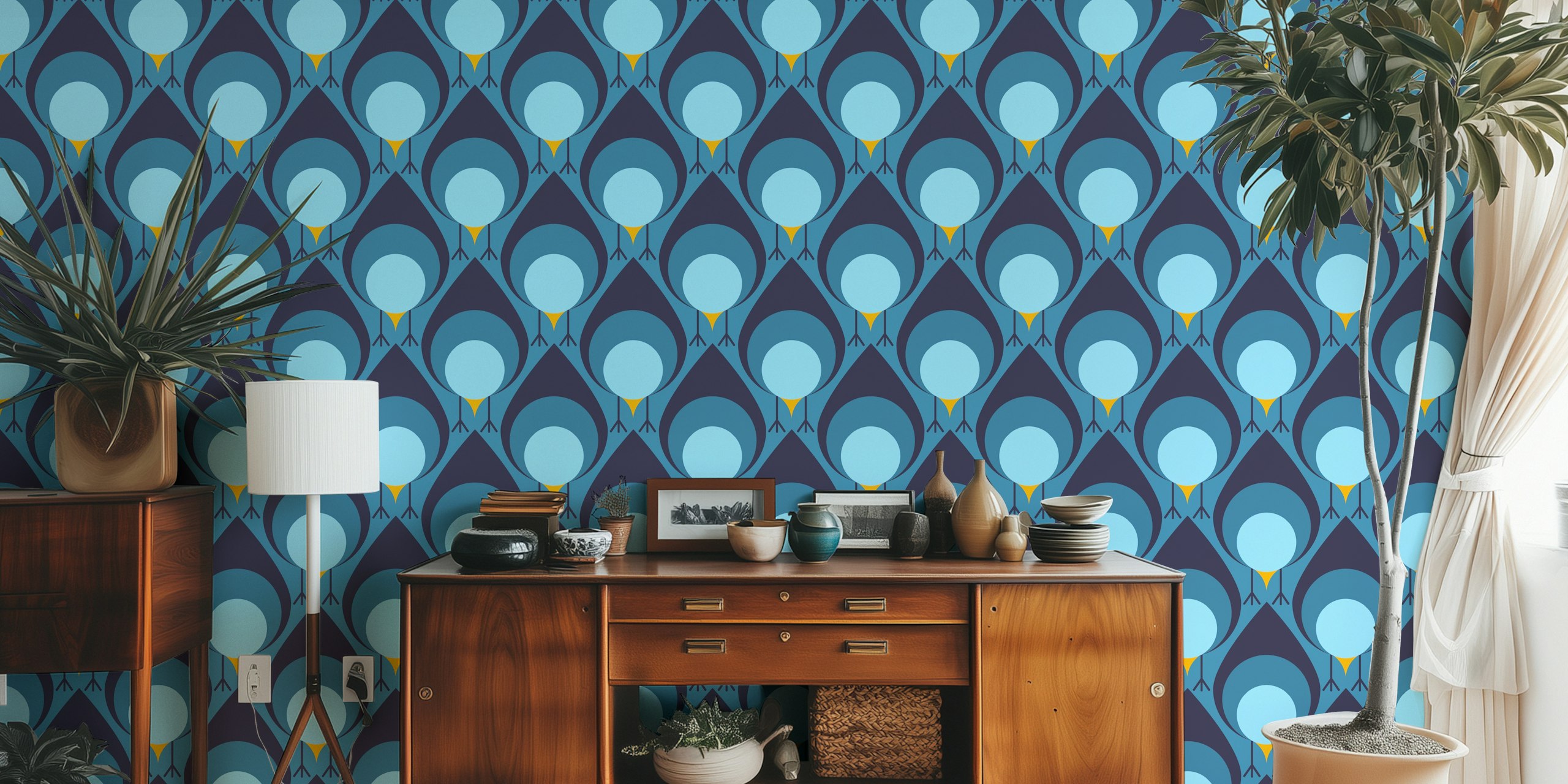 Bleu Birds wallpaper displayed in a room