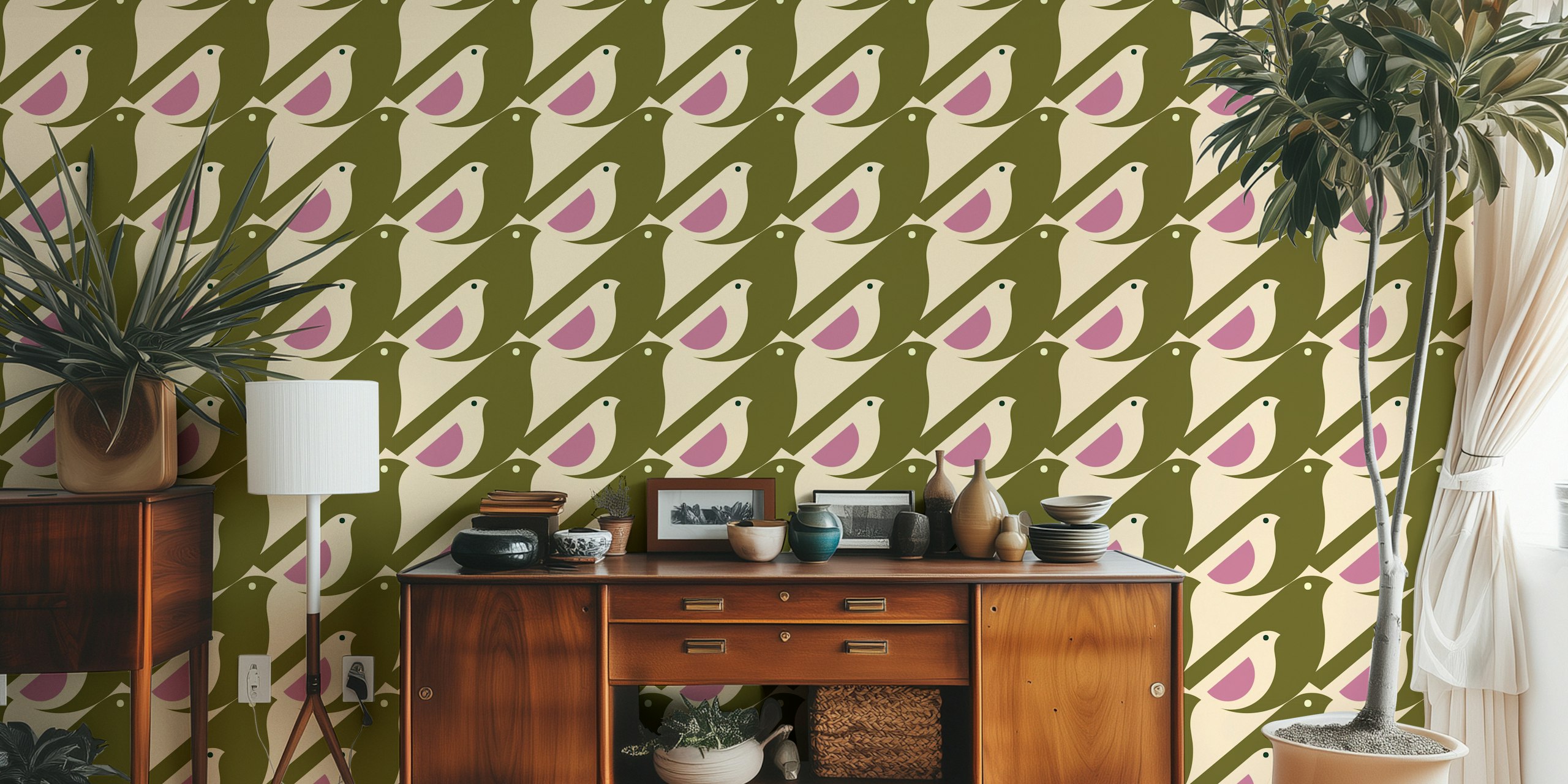 Stylized birds with pink and olive accents wallpaper