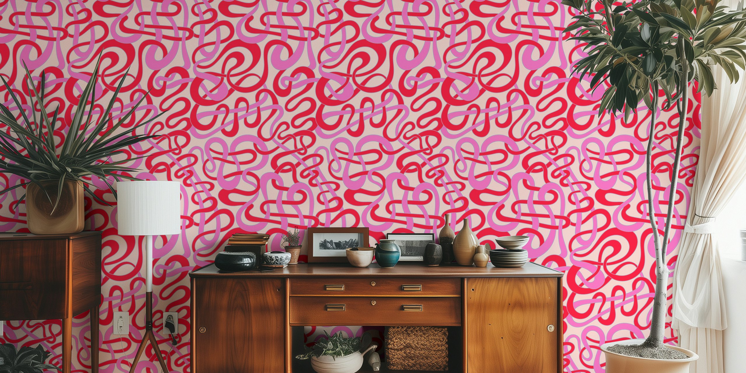 Abstract tangled squiggly stripes in pink and red wallpaper