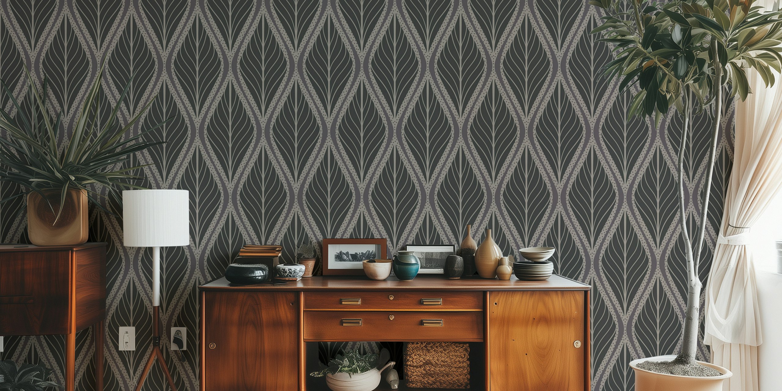 Stylized grey leaves on dark background Art Deco wallpaper