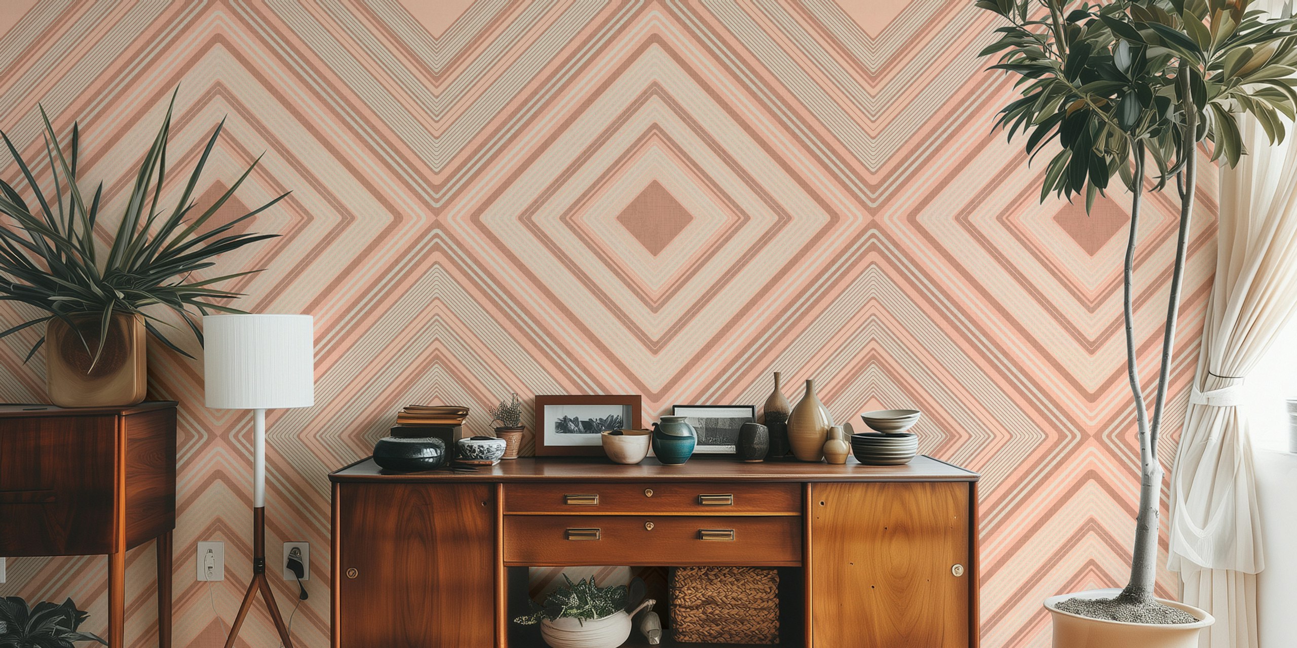 Retro lounge-style diamond pattern wall mural in peach and neutral tones