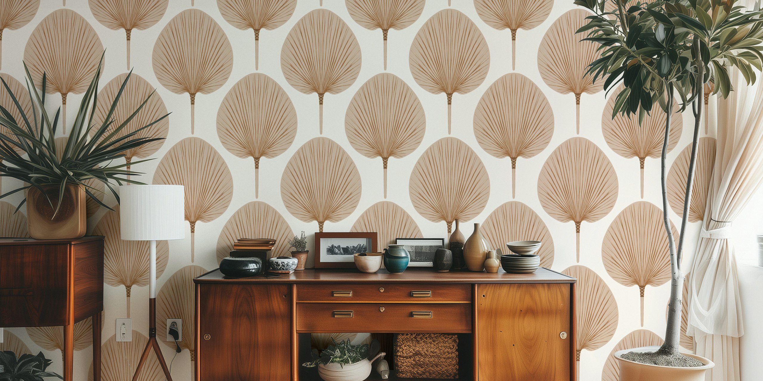 Earthy palm leaf design wallpaper in room