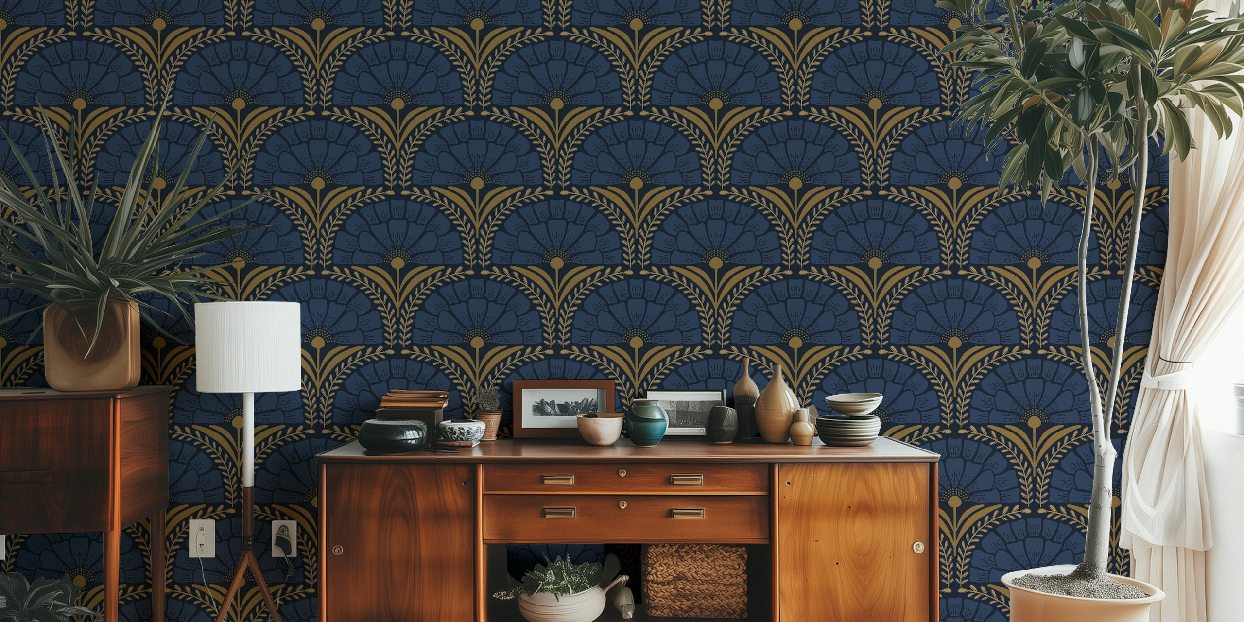 Eliza navy papel de parede exibido em um quarto