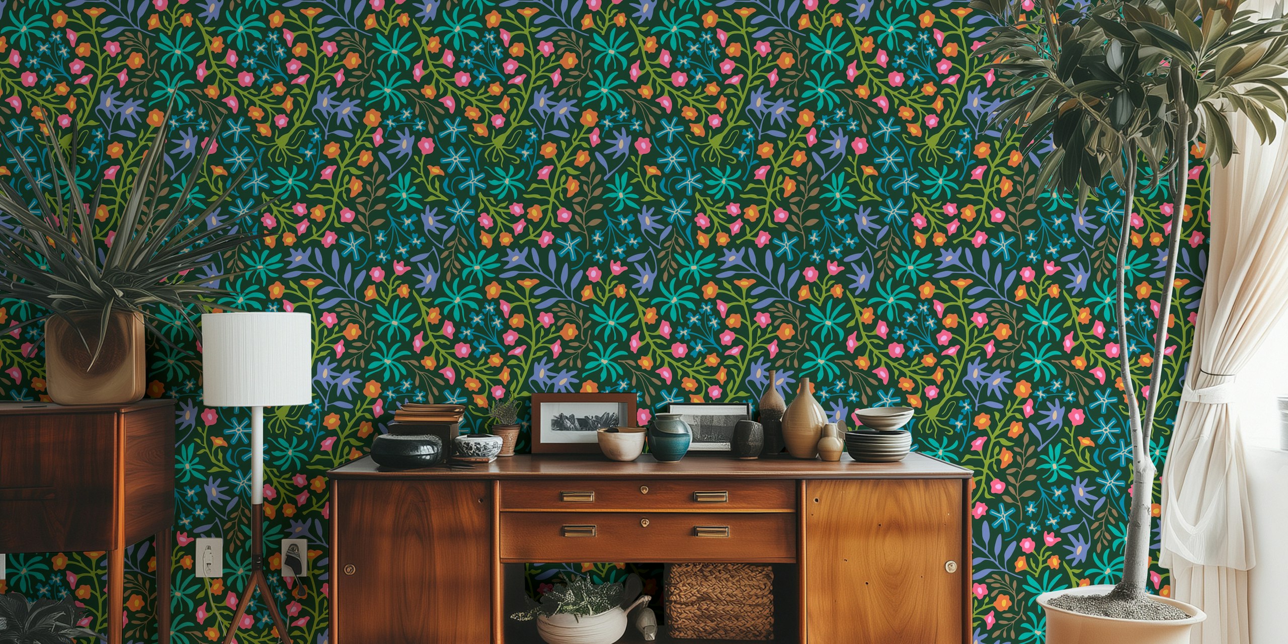 Jasna fototapeta w stylu rustykalnym z kwiatami i botaniką z ciemnym tłem i kolorowymi kwiatami