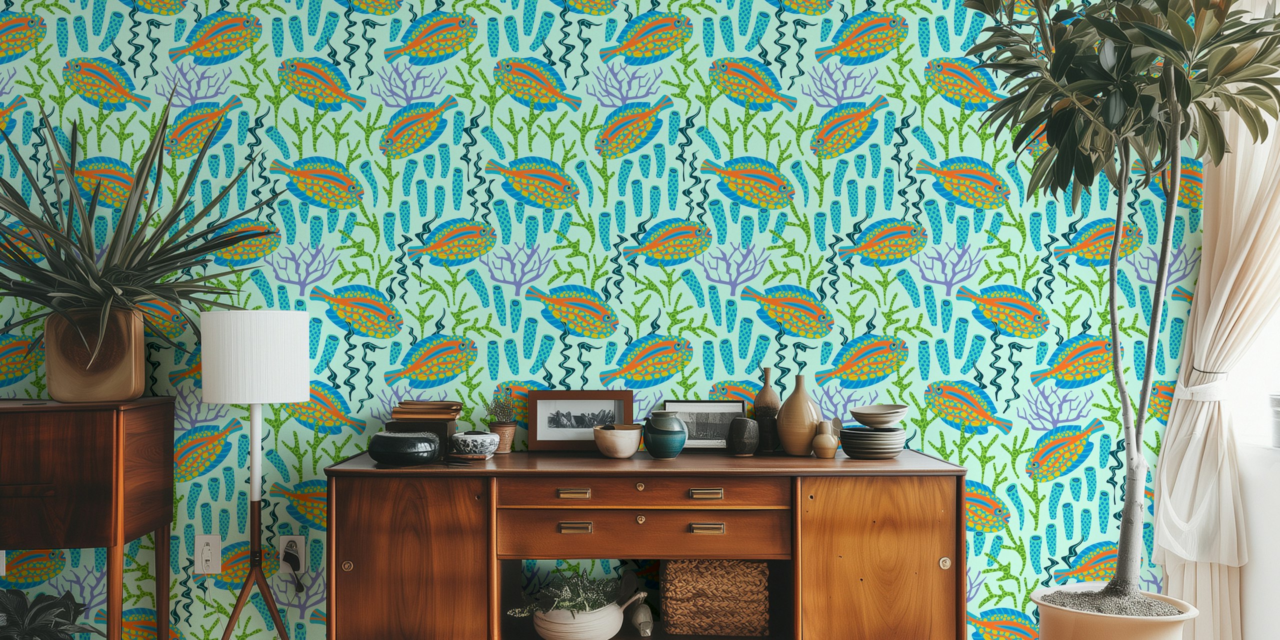 Tropical undersea wall mural with colorful fish, coral reefs, and aqua blue background