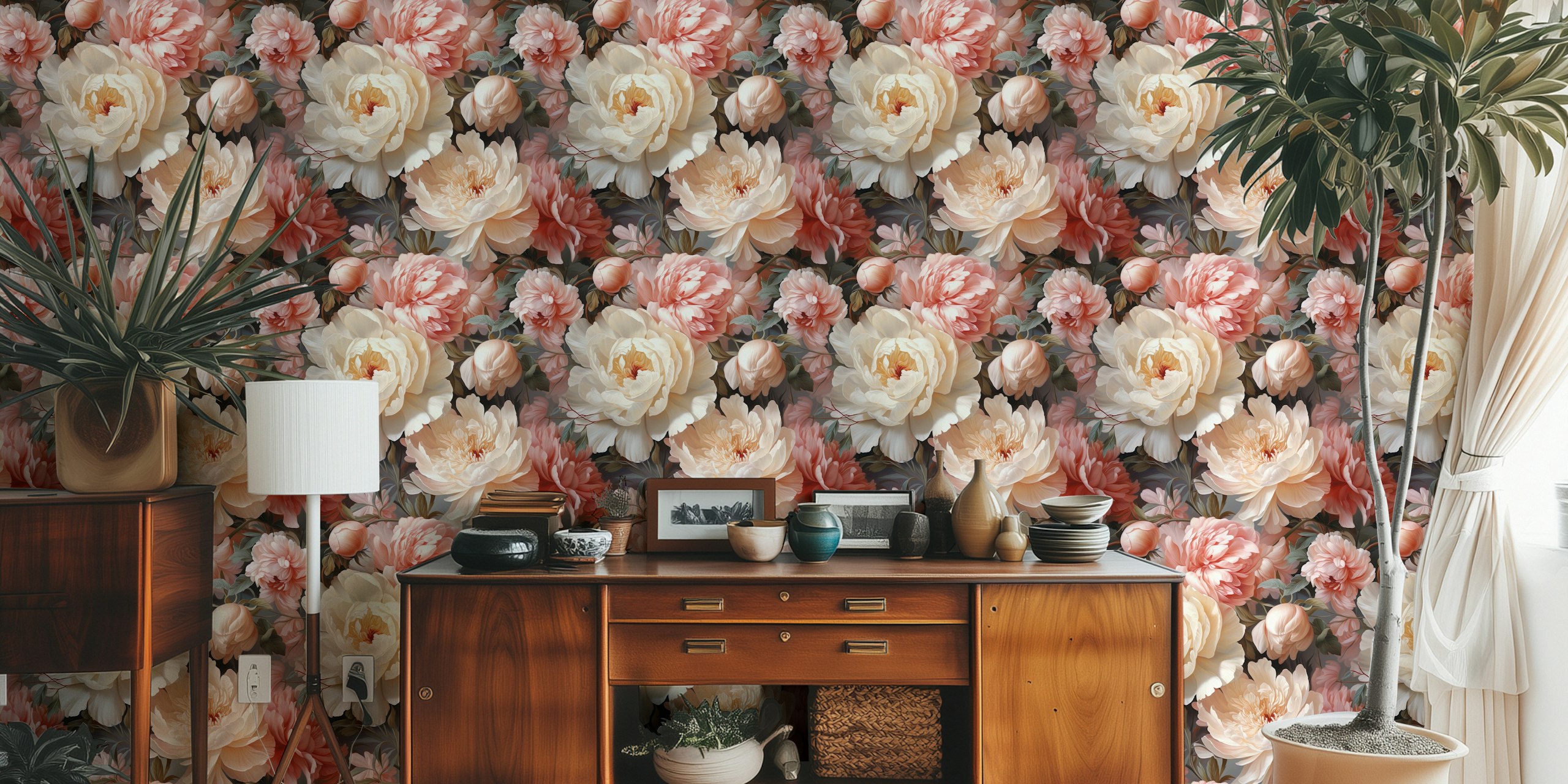 Detailed flowers in shades of pink and cream on dark wallpaper
