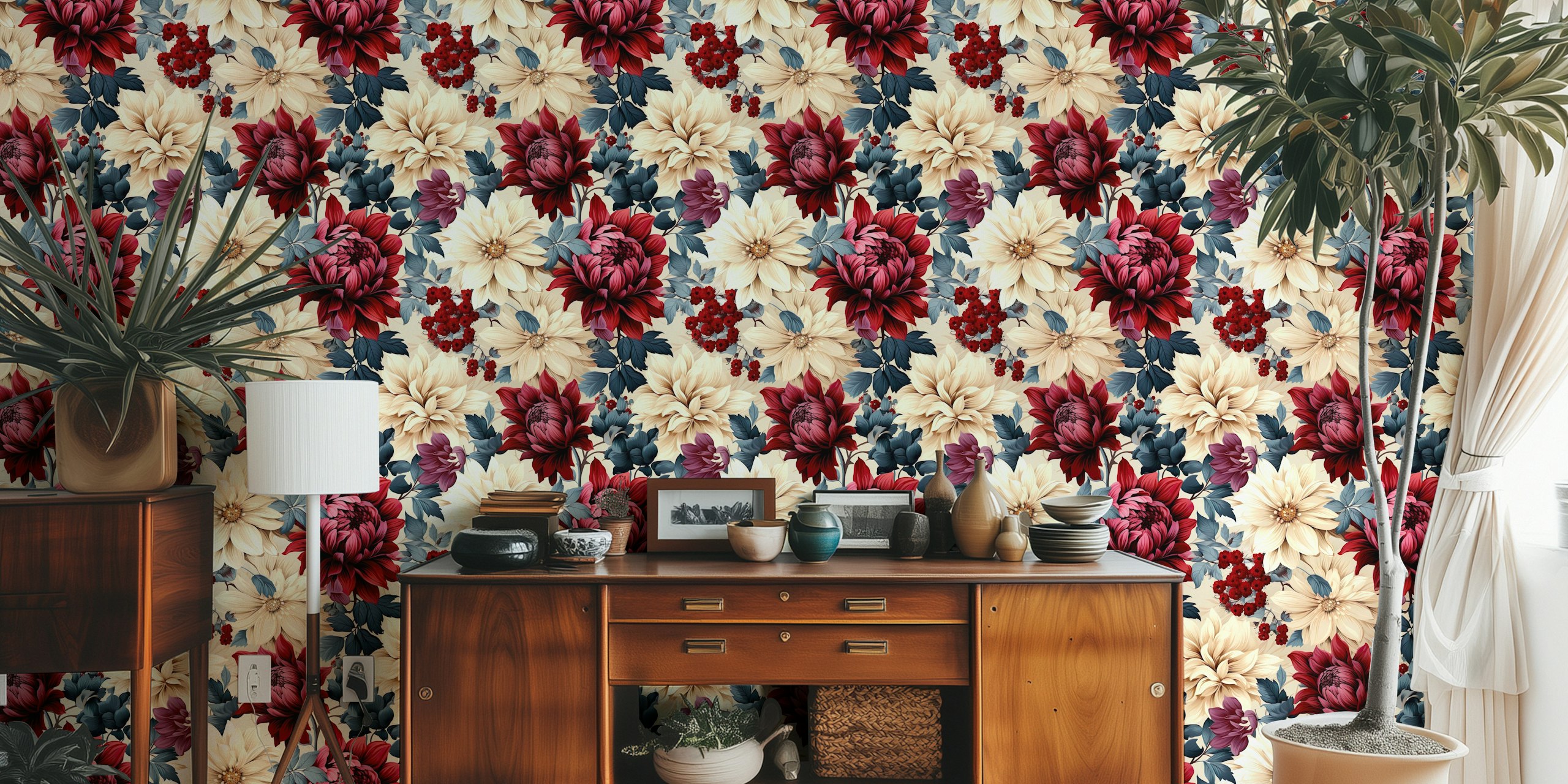 A close-up of the Whimsical Peony Delight wall mural showcasing red, blue, and cream peonies.