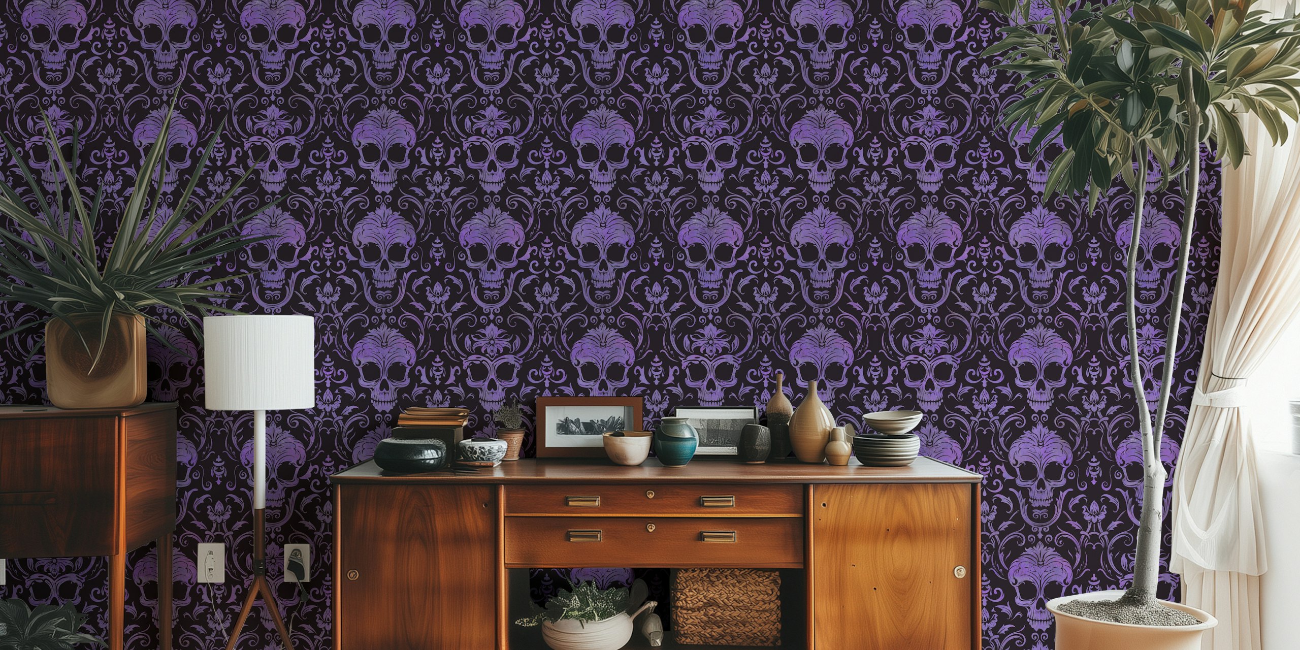 Purple skull damask pattern wallpaper with ornate elements