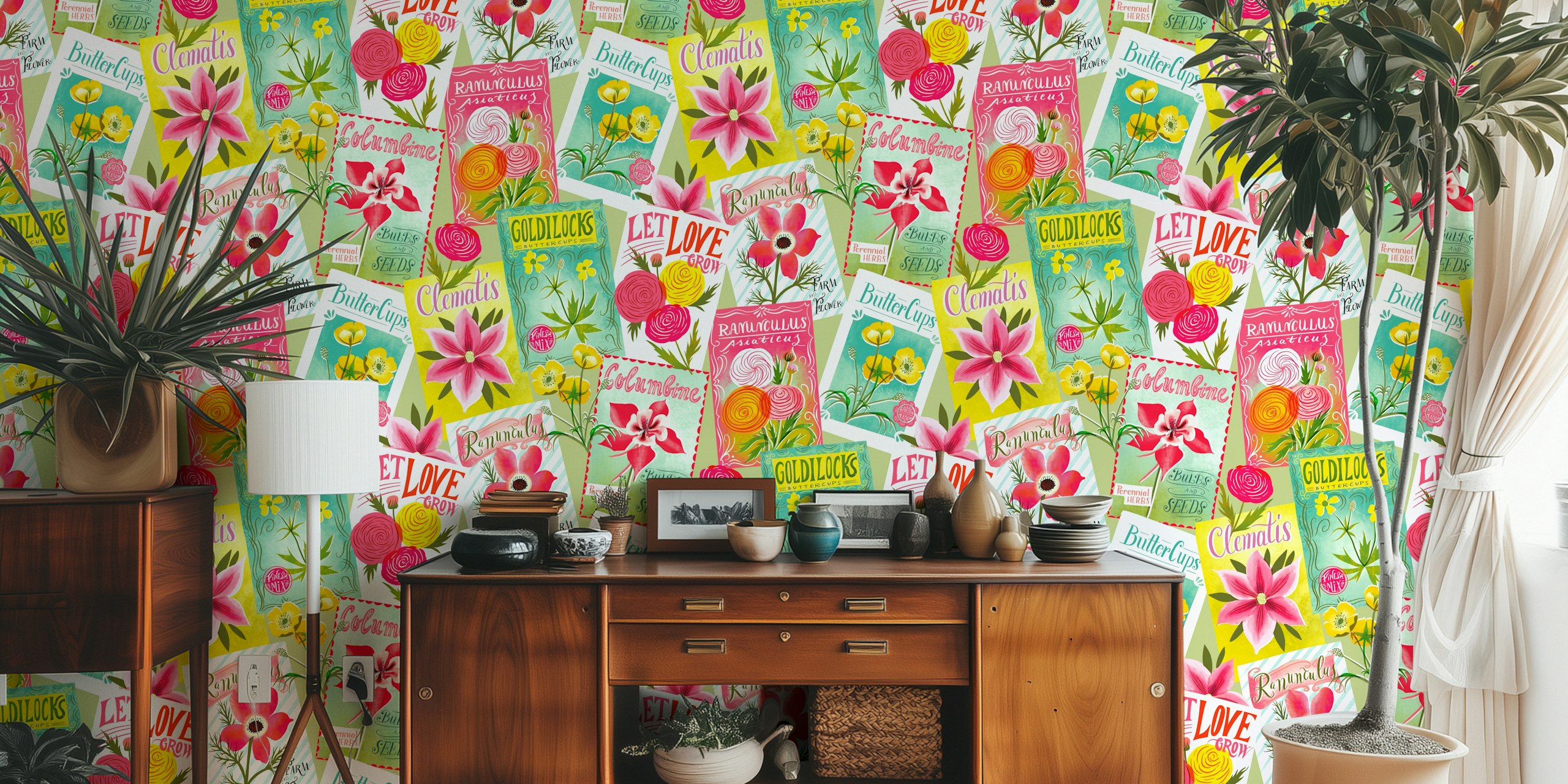 Vintage seed packets wallpaper design in a room