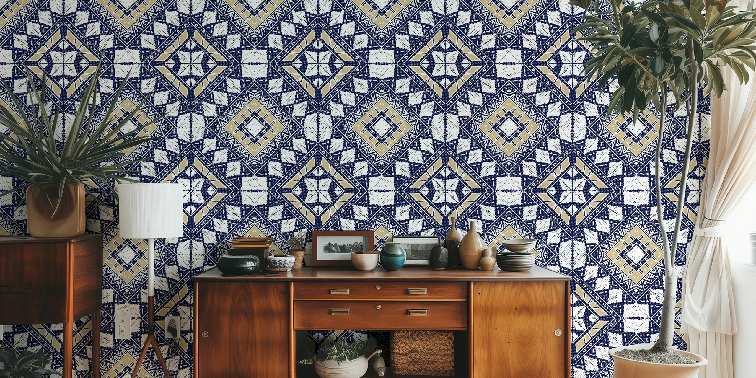 Geometric tribal pattern in navy blue and gold colors wallpaper