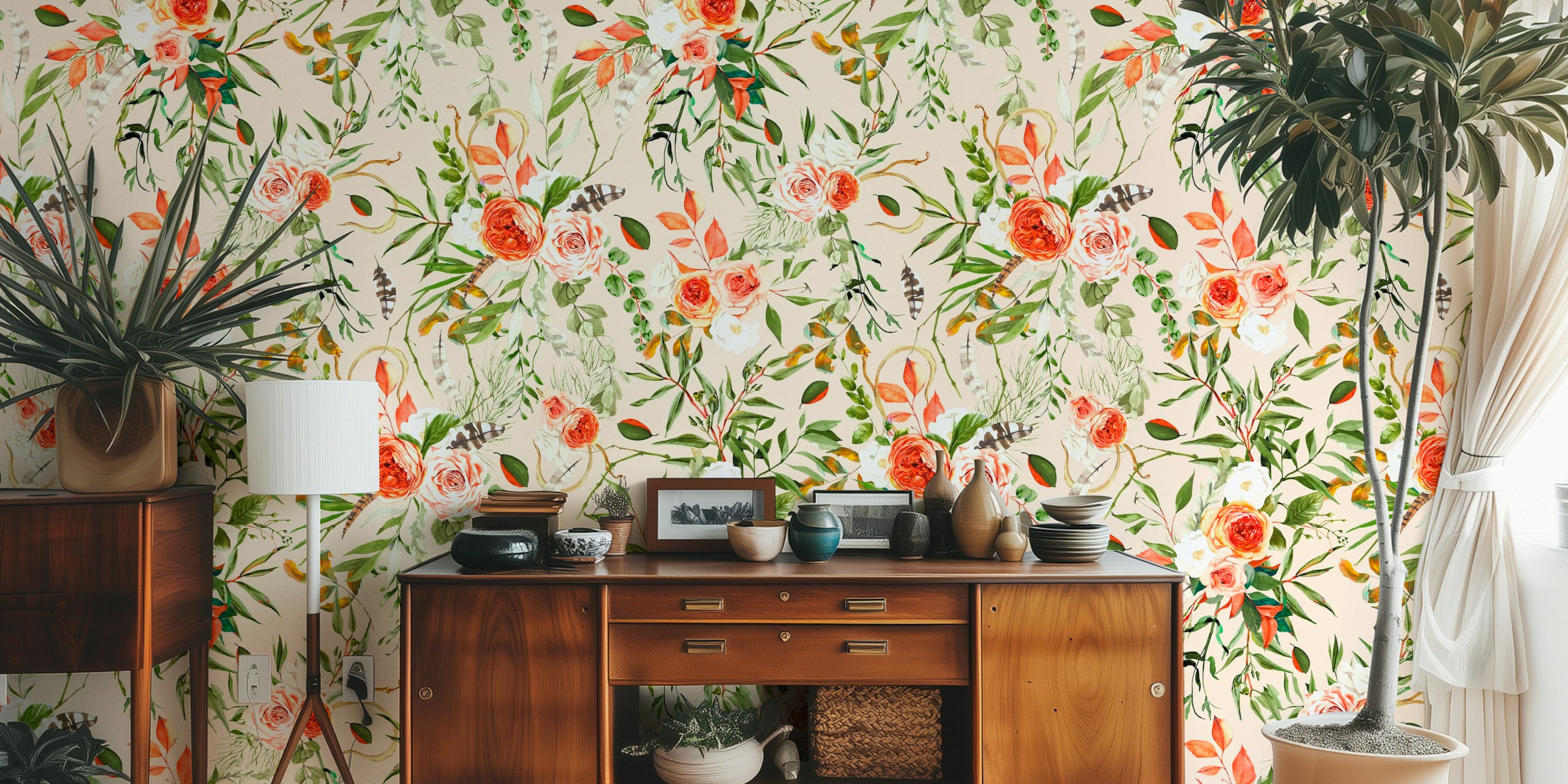 Floral wallpaper with soft peach roses, green leaves, and decorative feathers