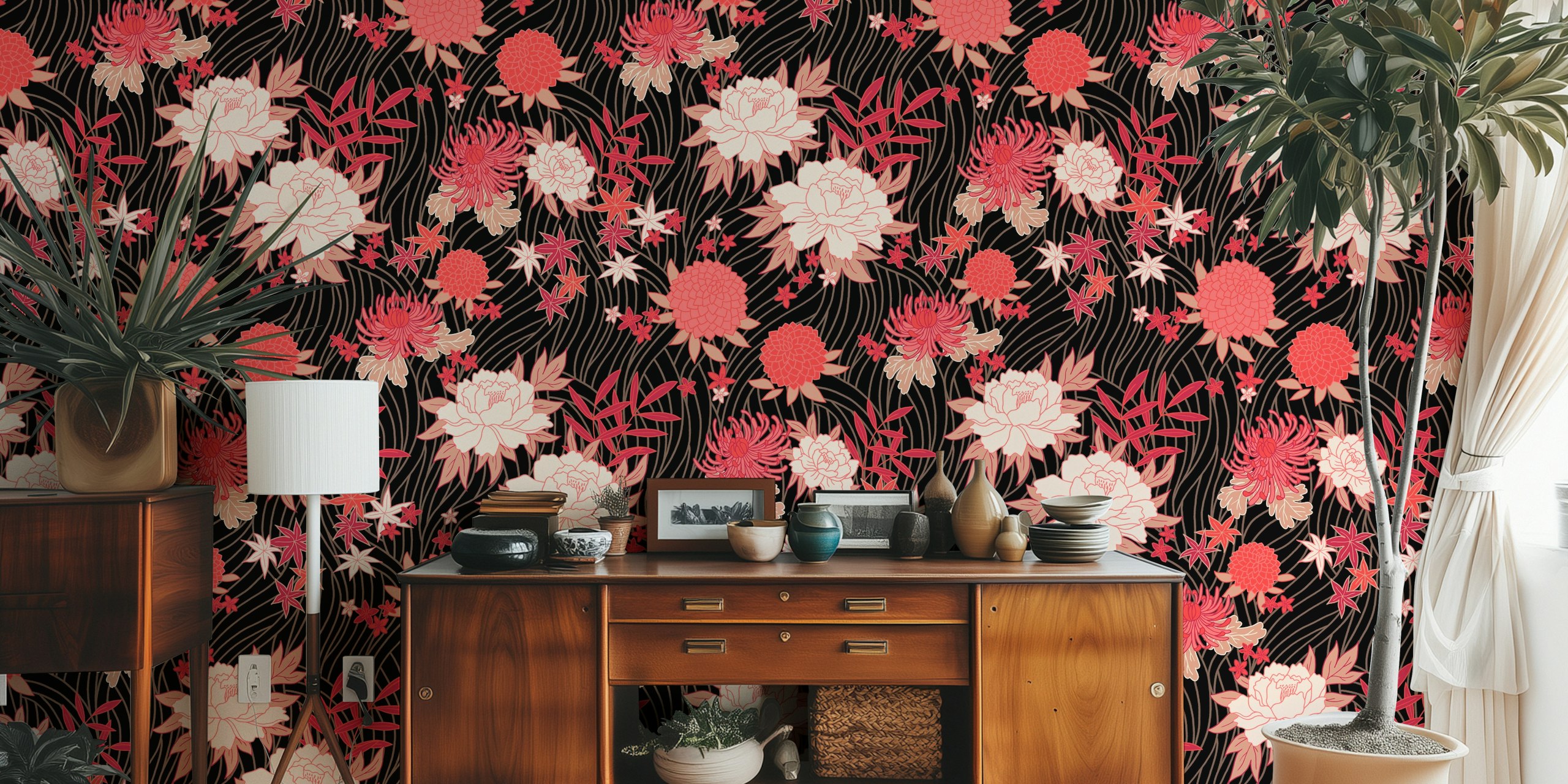 Asian floral design in red and peach on black background wallpaper