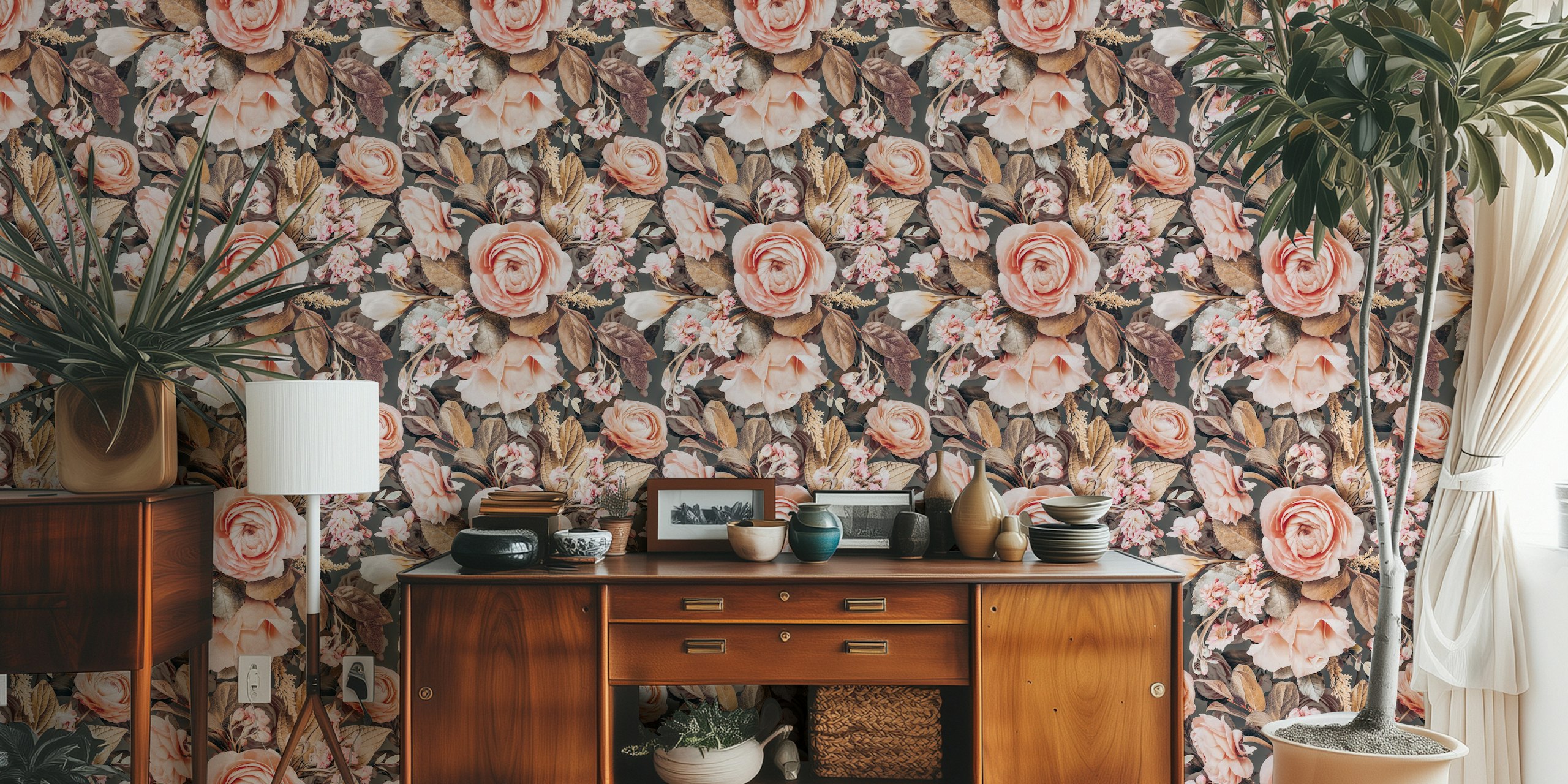 Ethereal Rose Oasis wall mural with soft pink roses on a dark background