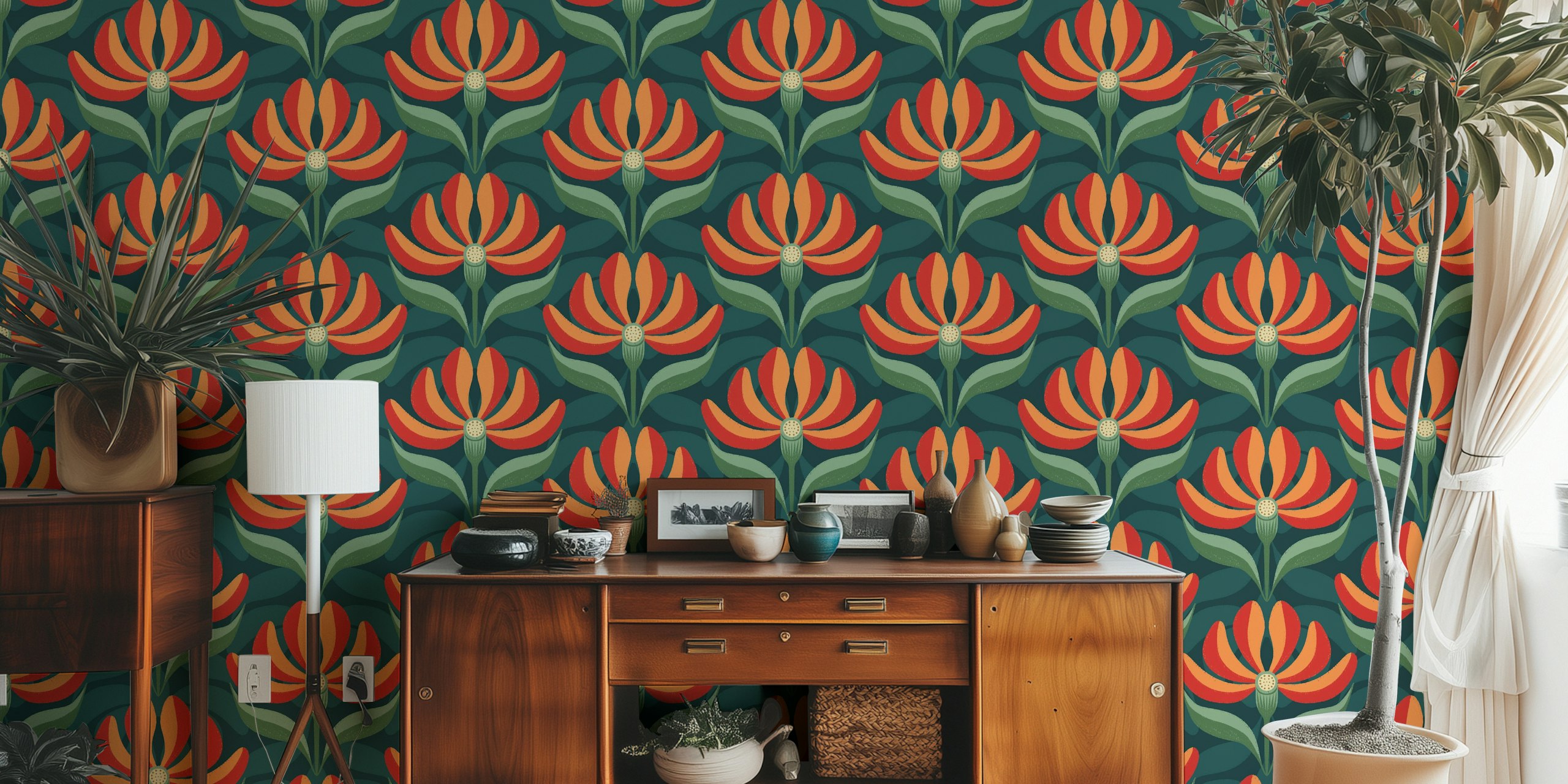 retro-style geometric floral pattern wall mural in teal, green, red, and orange