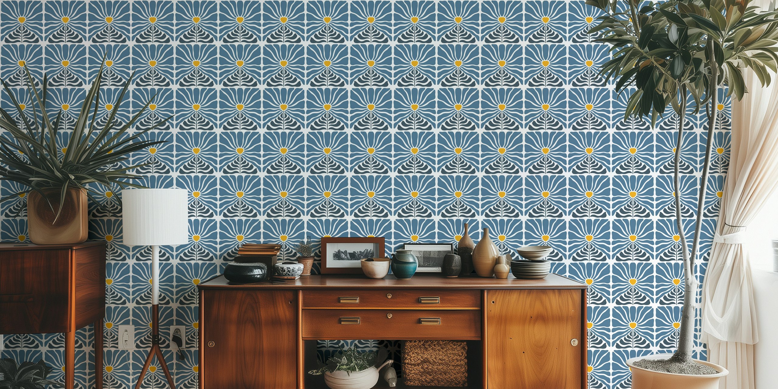 Vintage-inspired wall mural featuring blue flowers with yellow centers on a retro patterned background