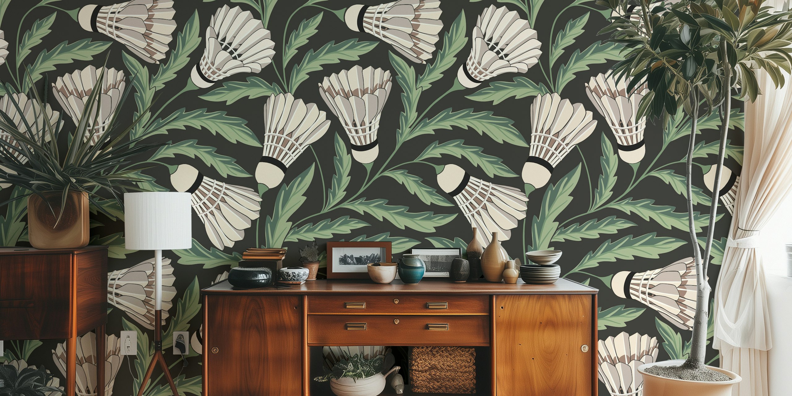 Whimsical badminton plants wallpaper in a room