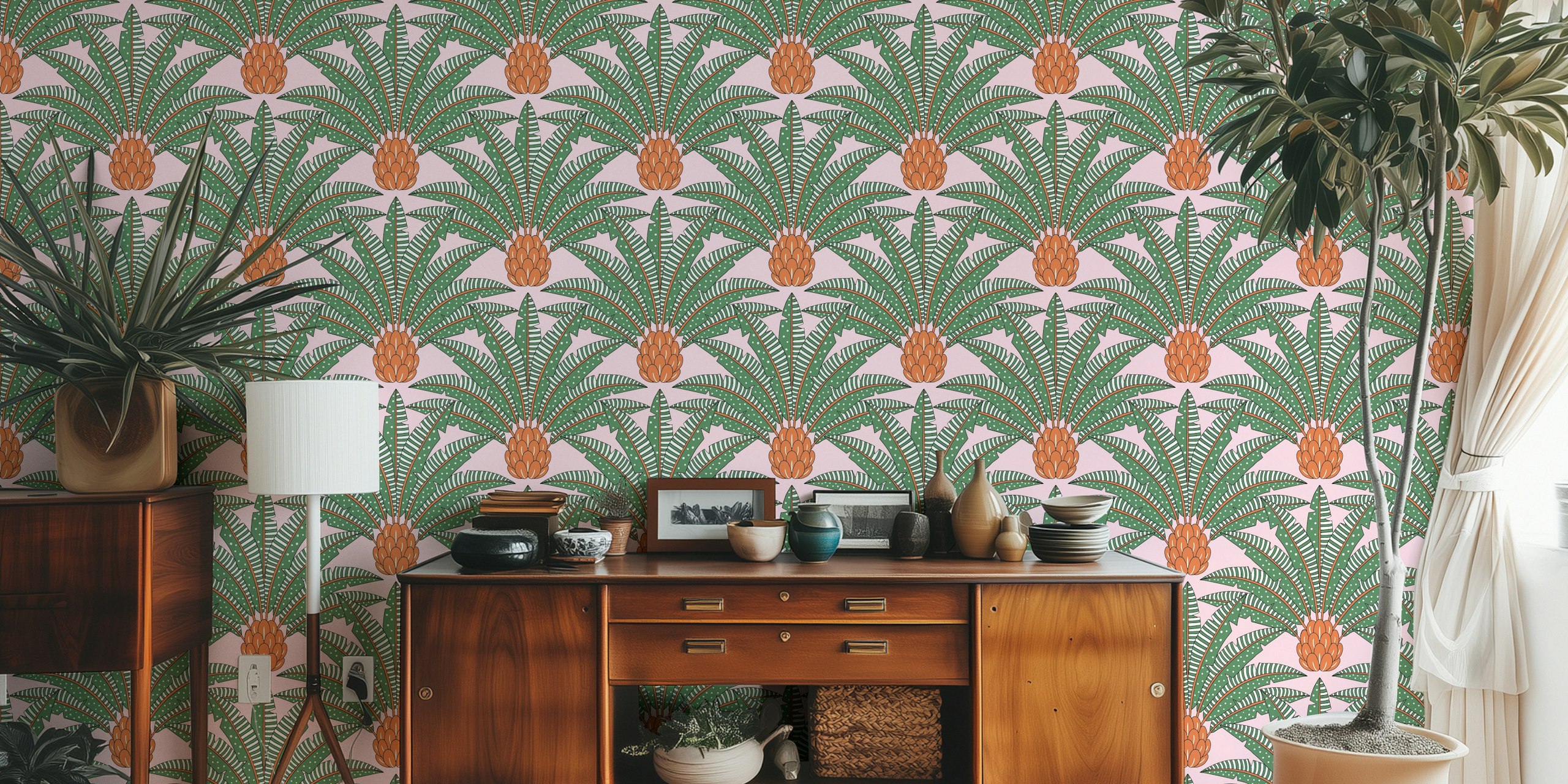 Mural de parede Festive Palm Fans em laranja, verde e rosa
