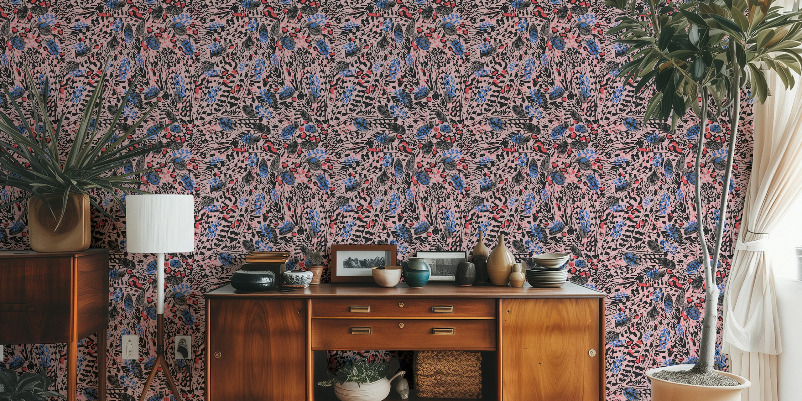 Moderne dierenprint behang in pink en blue