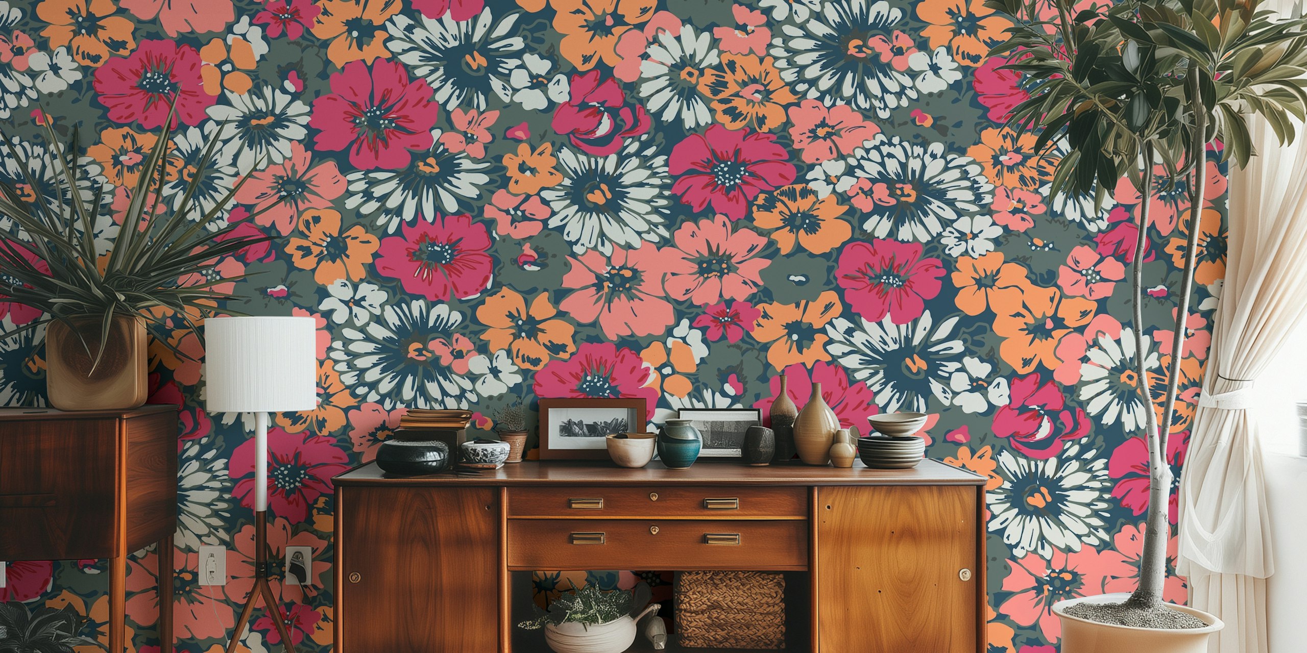 Colorful floral pattern with pink, orange, and white flowers on a navy blue background wallpaper