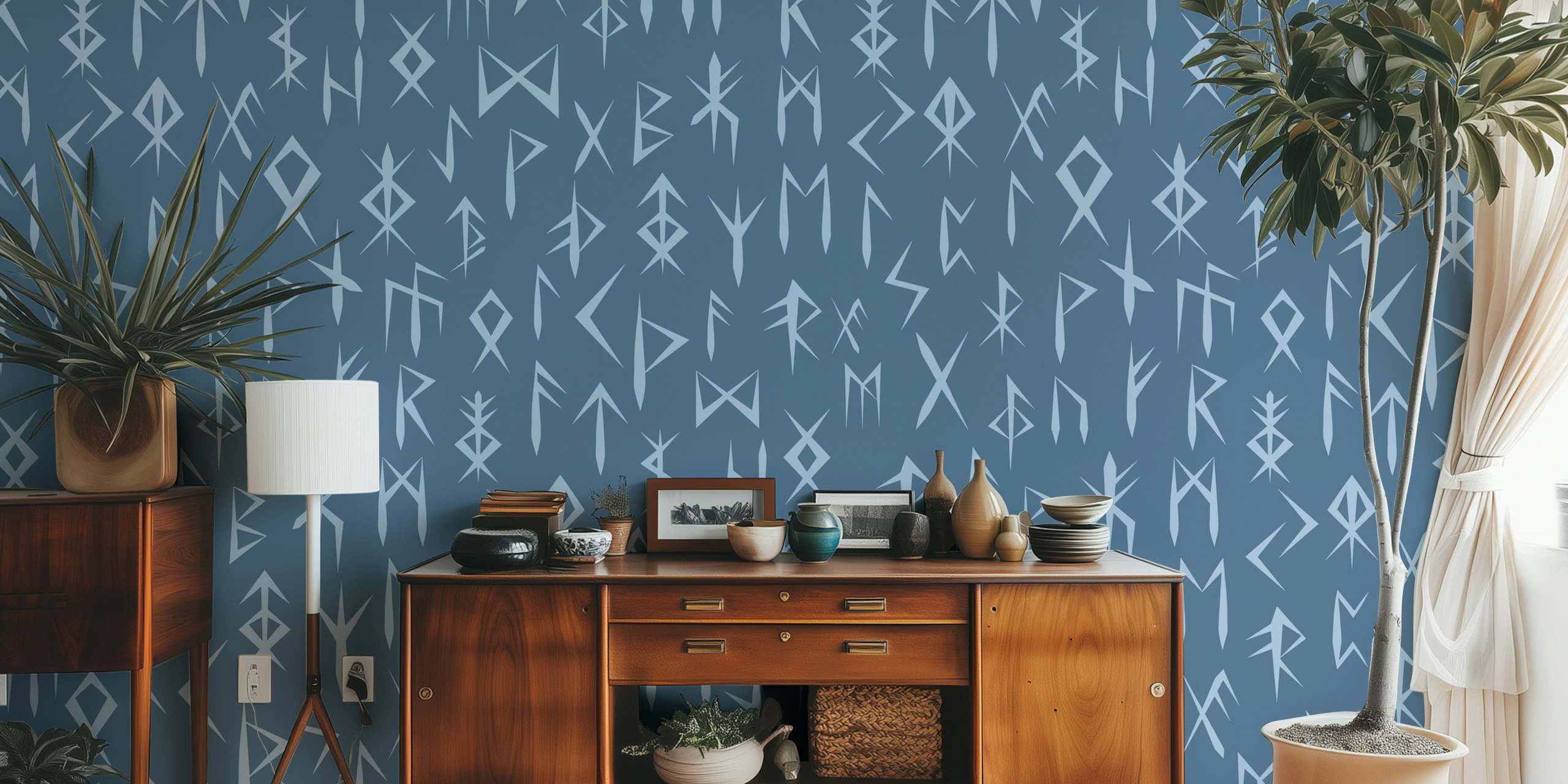 Nordic Runes Pattern Blue Wallpaper
