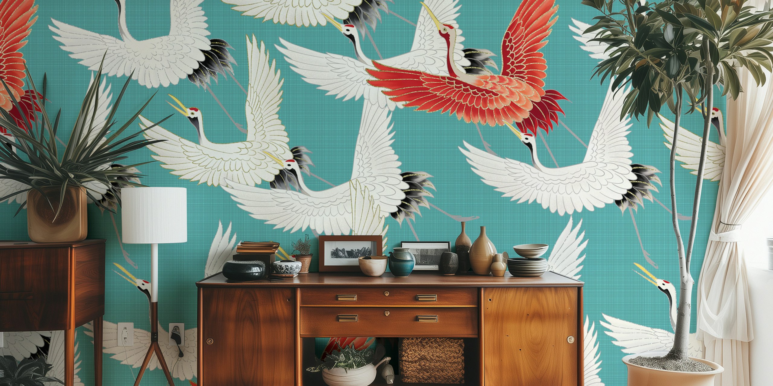 Papel tapiz de Japanese Cranes en una habitación moderna