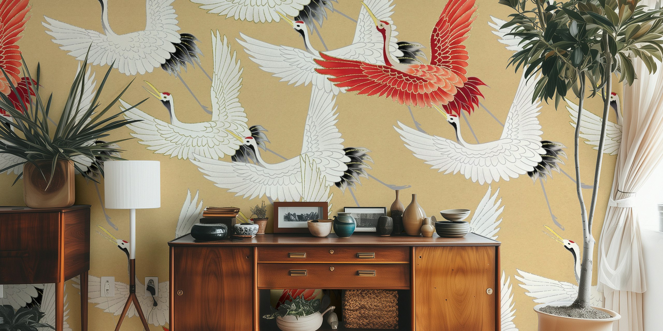 White and red cranes on golden background wallpaper
