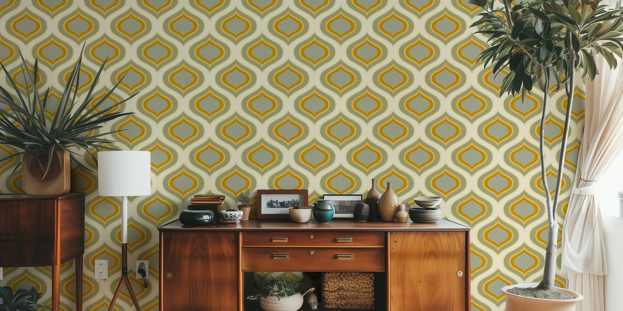 Vintage ornament wallpaper exibido em um quarto
