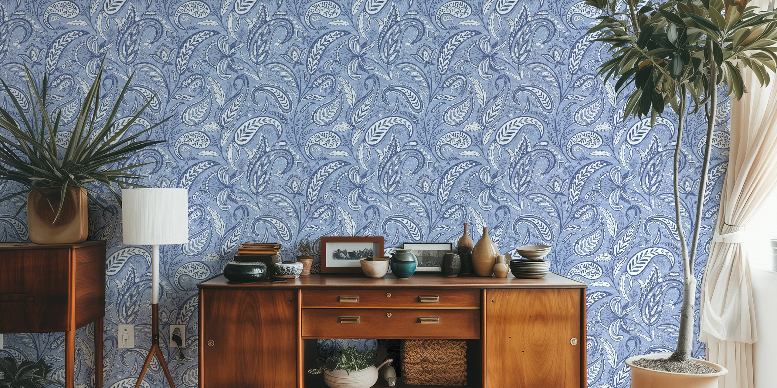 Elegant paisley pattern in monochrome blue