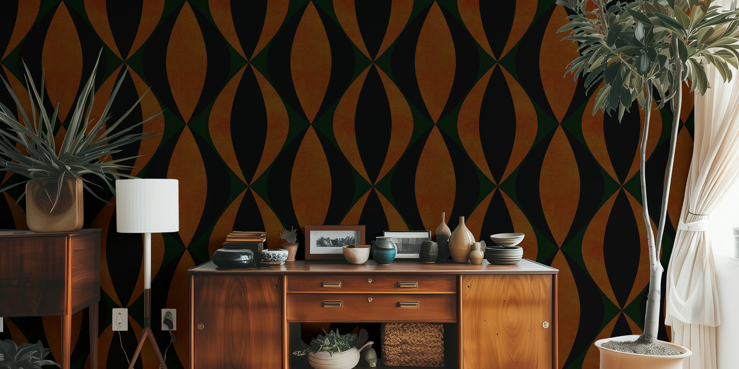 Art deco ornament dark wallpaper in a room