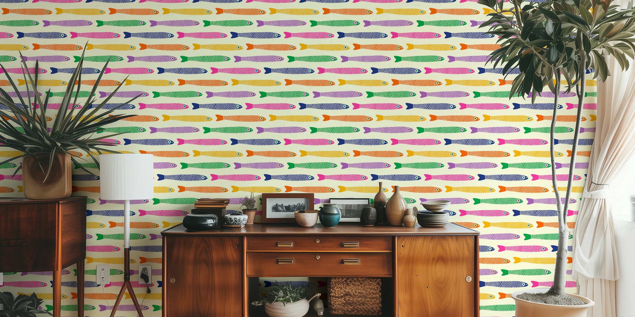 Colorful fish patterns on cream background wallpaper