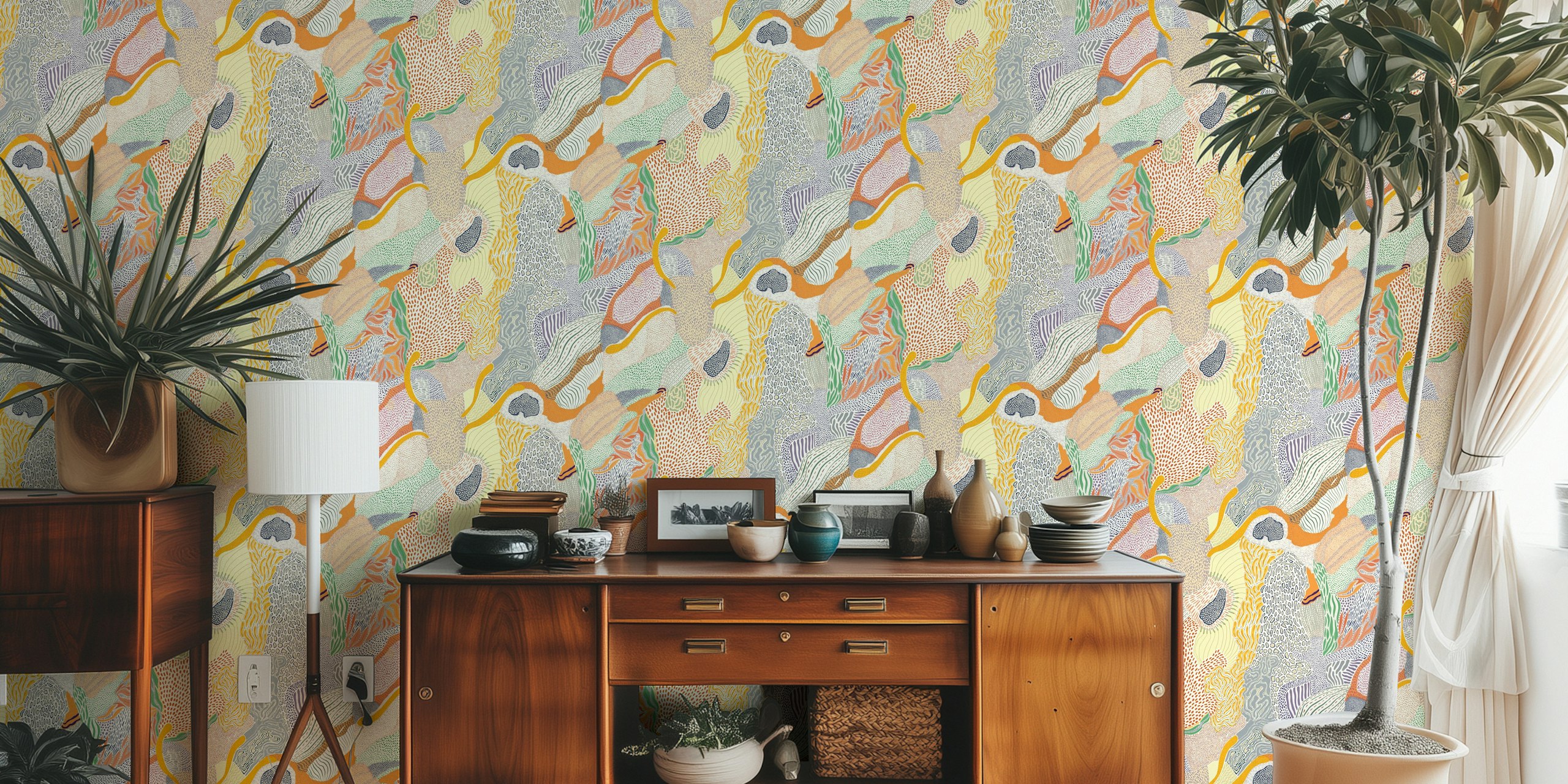 Colorful floral pattern wallpaper with abstract shapes and pastel colors.
