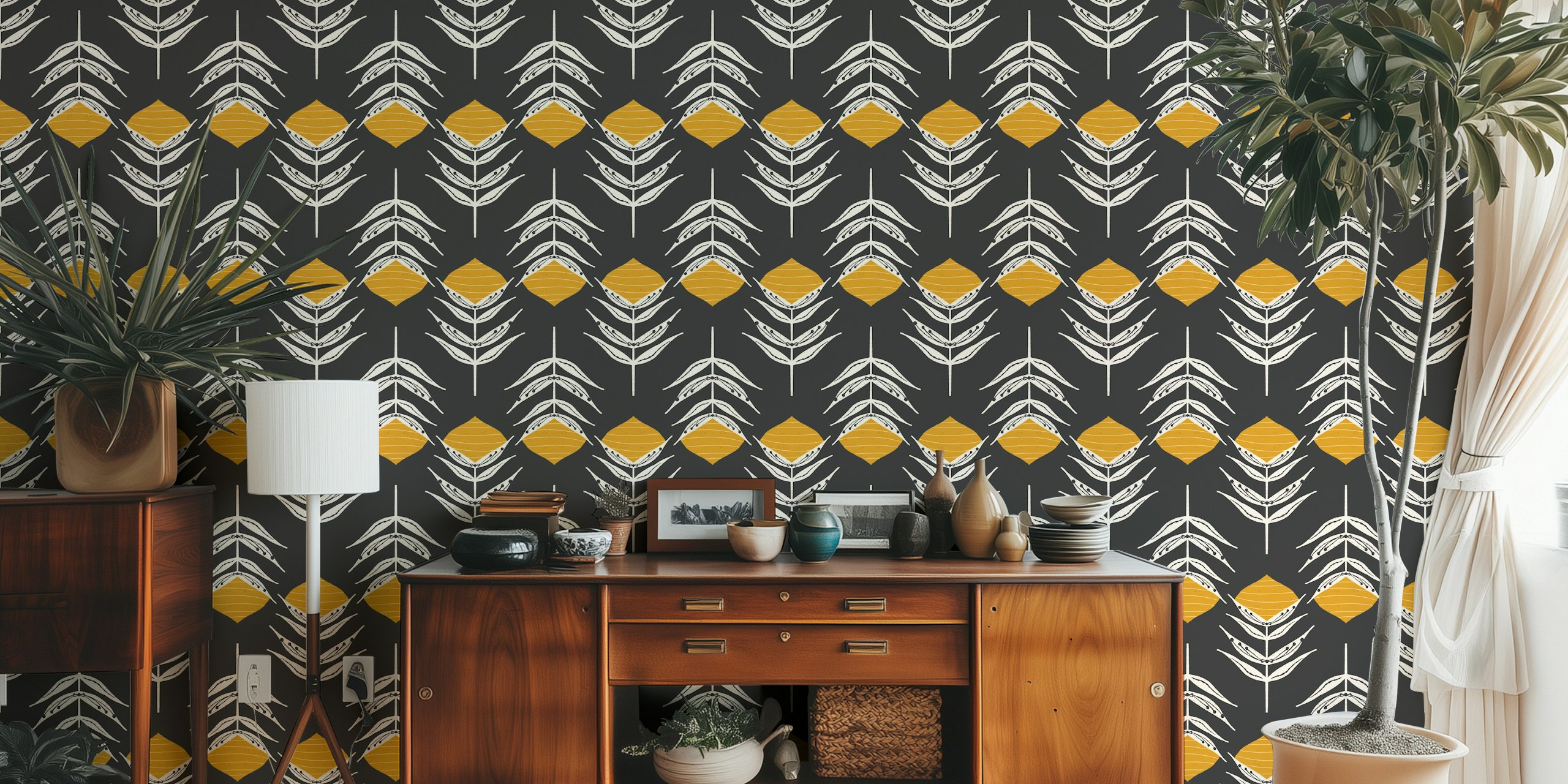 Boho peacock feather floral design in charcoal and mustard wallpaper