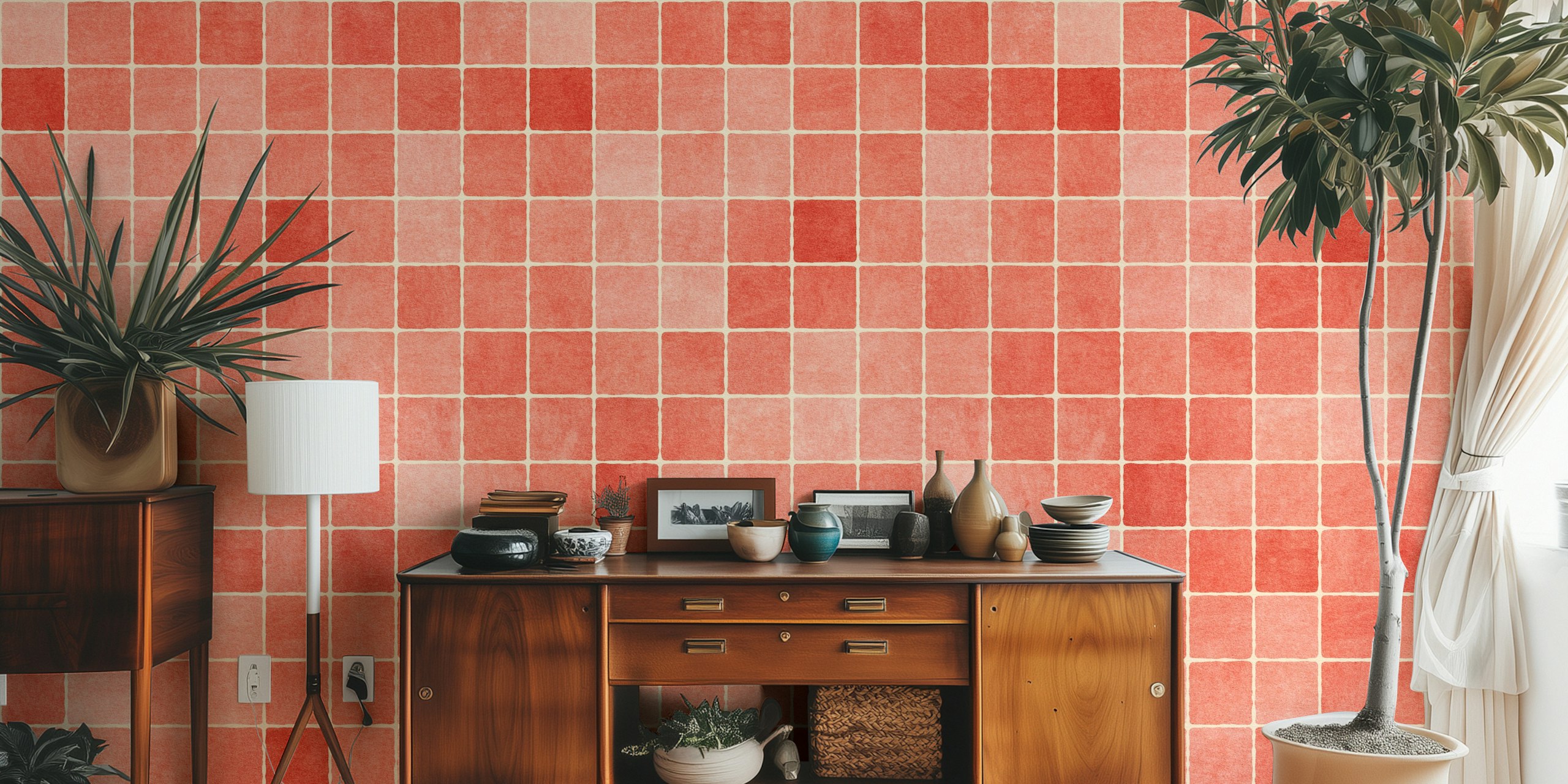 Red mosaic patterned wallpaper featuring small squares